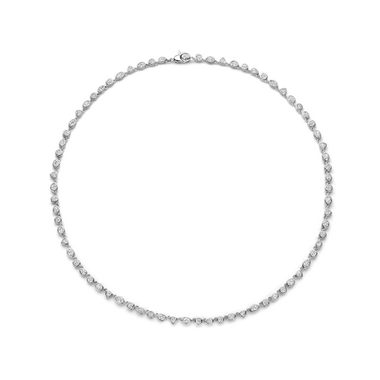 Silver necklace with small round beads on a white background