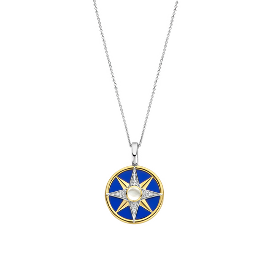 Necklace with a blue and gold pendant on a white background