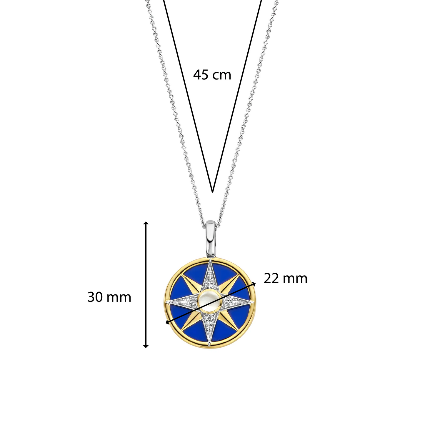 Jewelry necklace with a blue and gold pendant, shown with measurements on a white background.