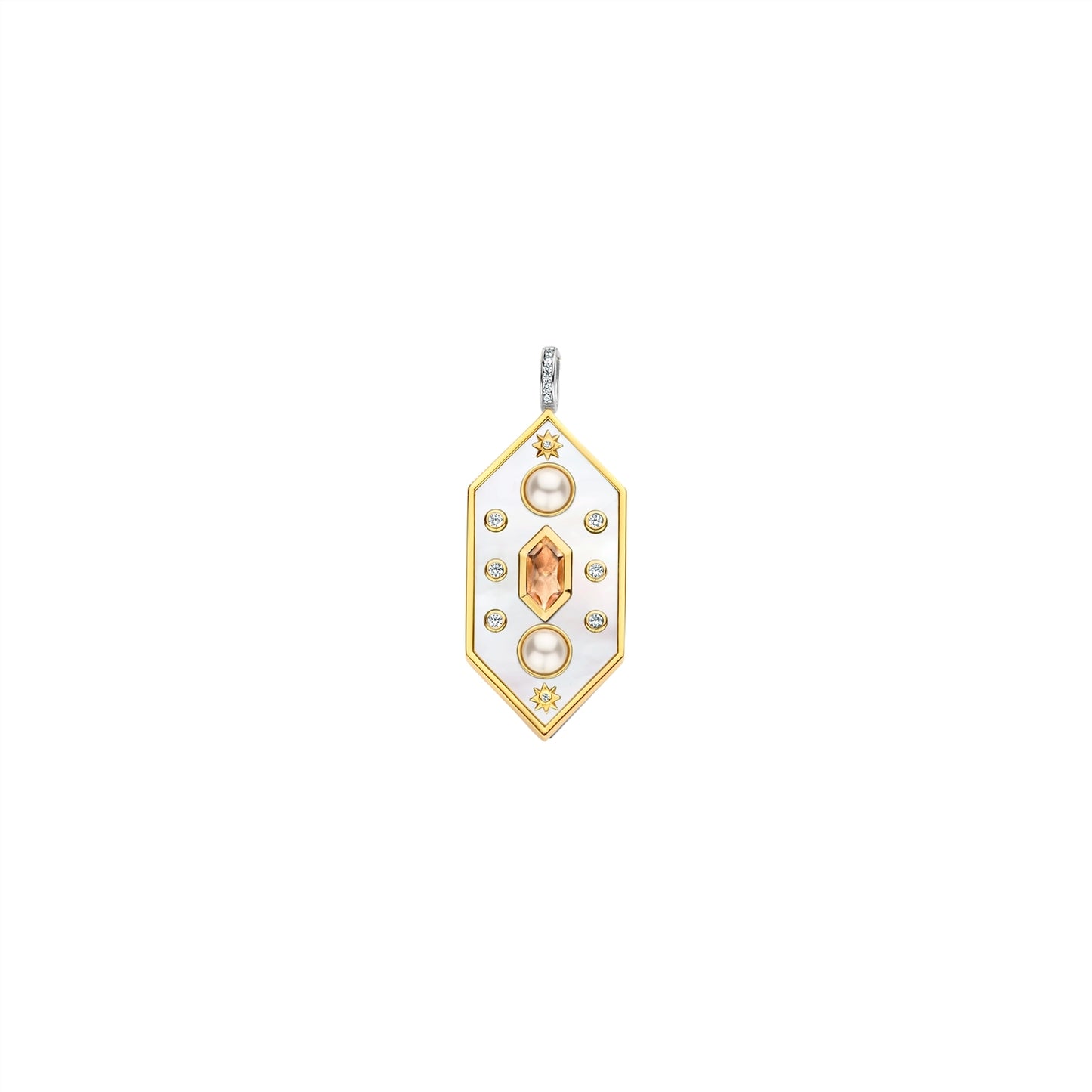 Gold and white pendant with a central orange gemstone on a white background