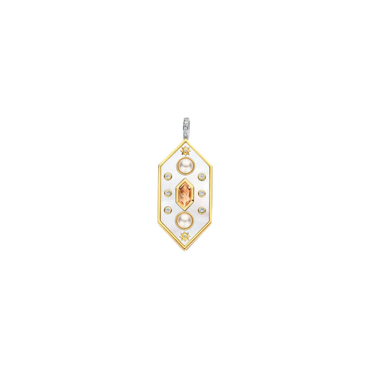Gold and white pendant with a central orange gemstone on a white background