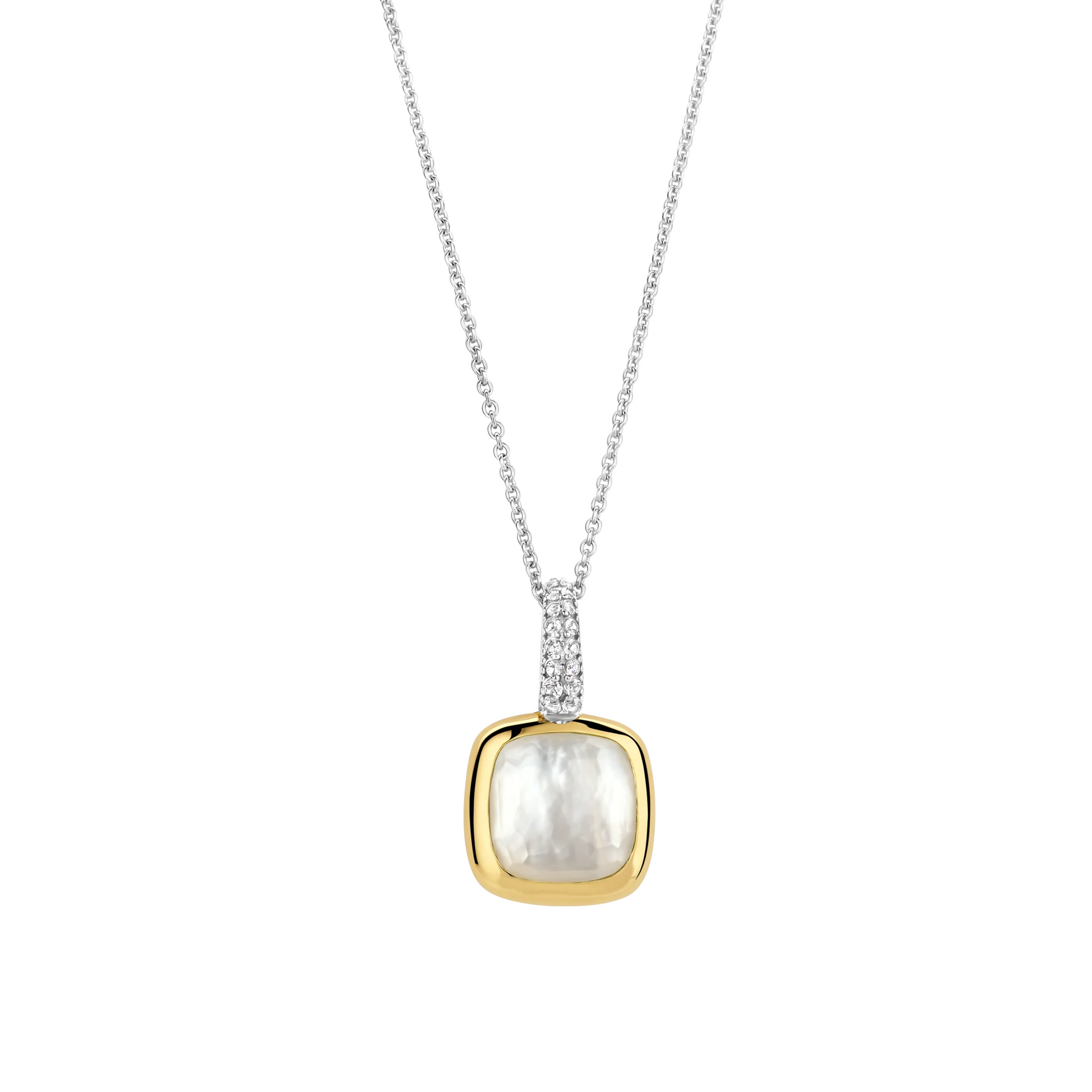 Necklace with a gold and silver pendant on a white background