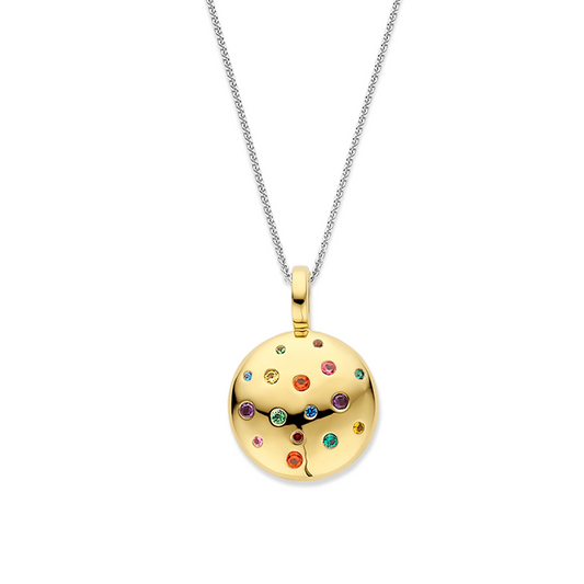 Gold necklace with a round pendant featuring colorful stones on a white background