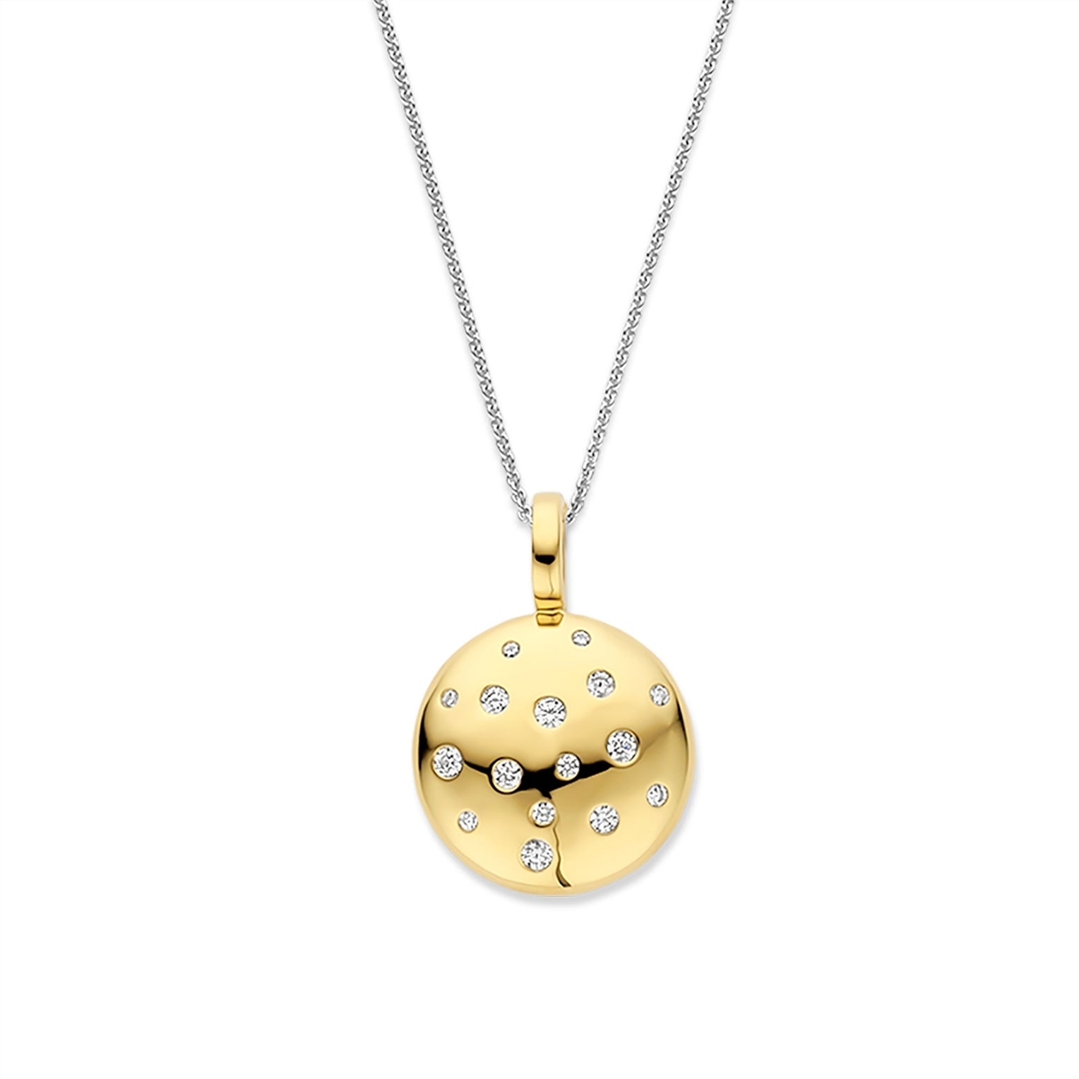 Gold pendant necklace with diamond accents on a white background