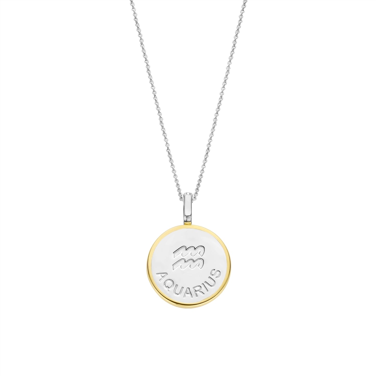 Necklace with a round pendant featuring a aquarius sign on a gold border and white stone on a white background