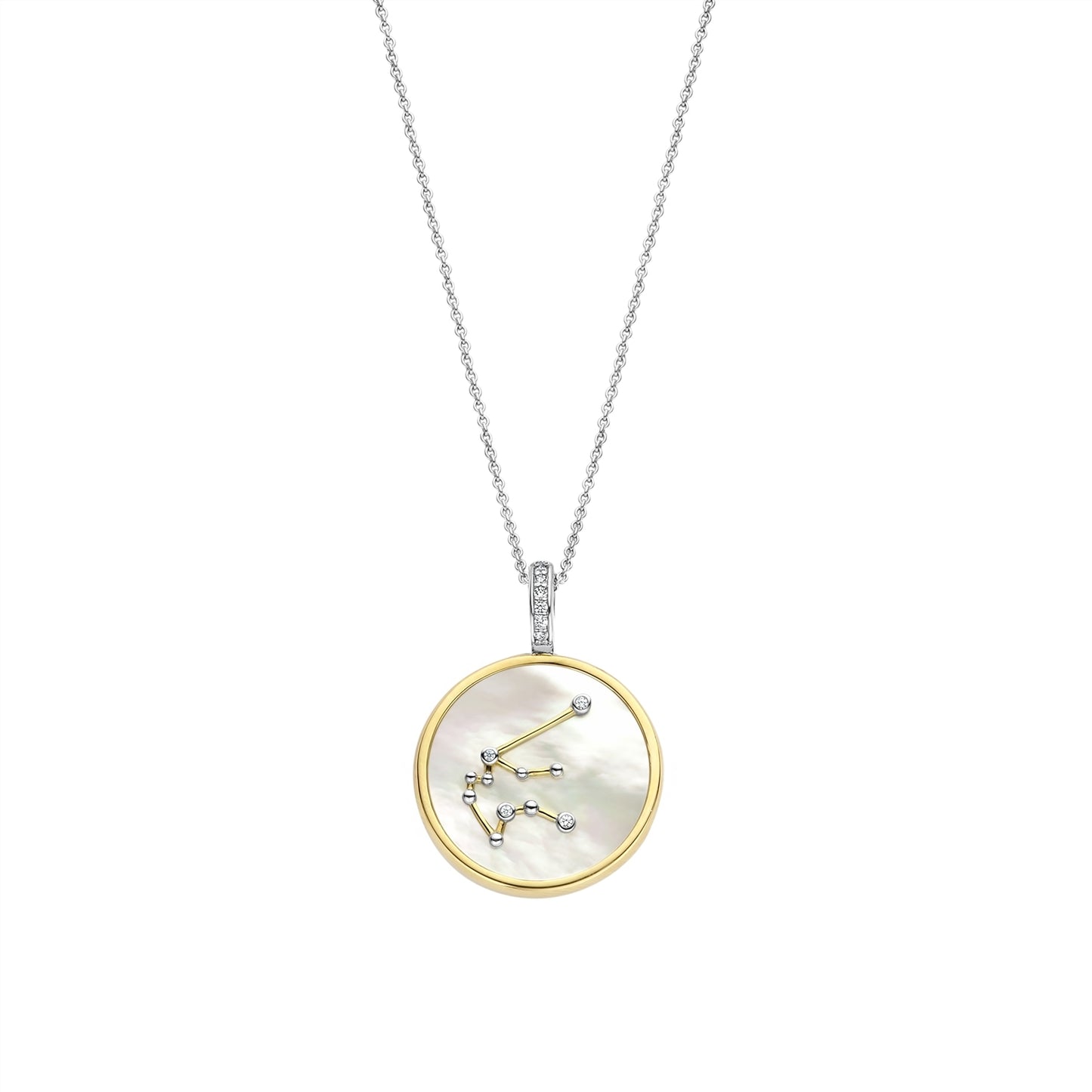 Necklace with a round pendant featuring a aquarius sign on a gold border and white stone on a white background