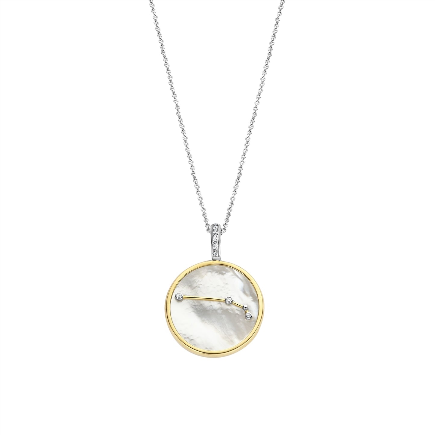 Necklace with a round pendant featuring an aries sign on gold border and white stone on a white background