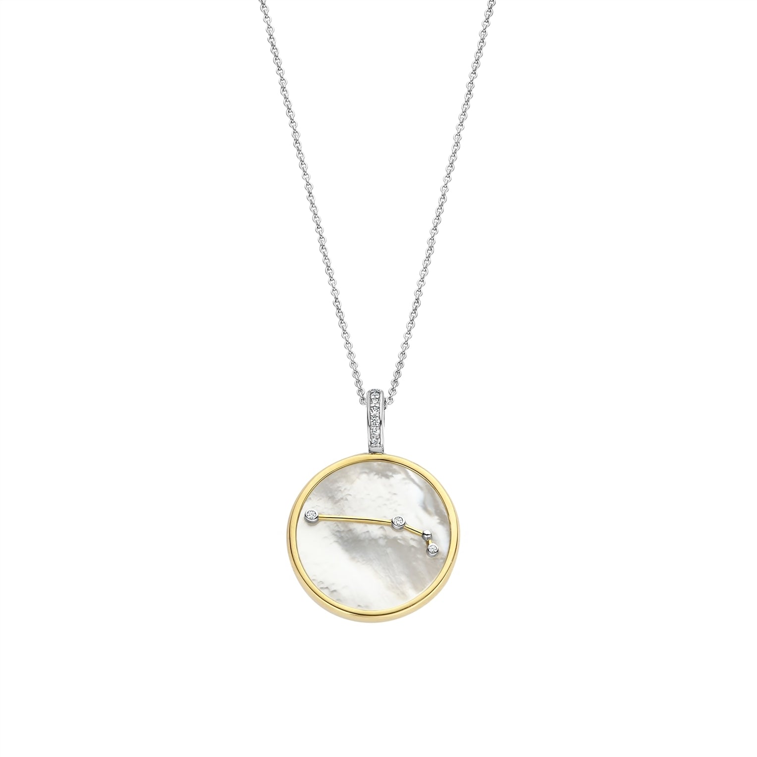Necklace with a round pendant featuring an aries sign on gold border and white stone on a white background