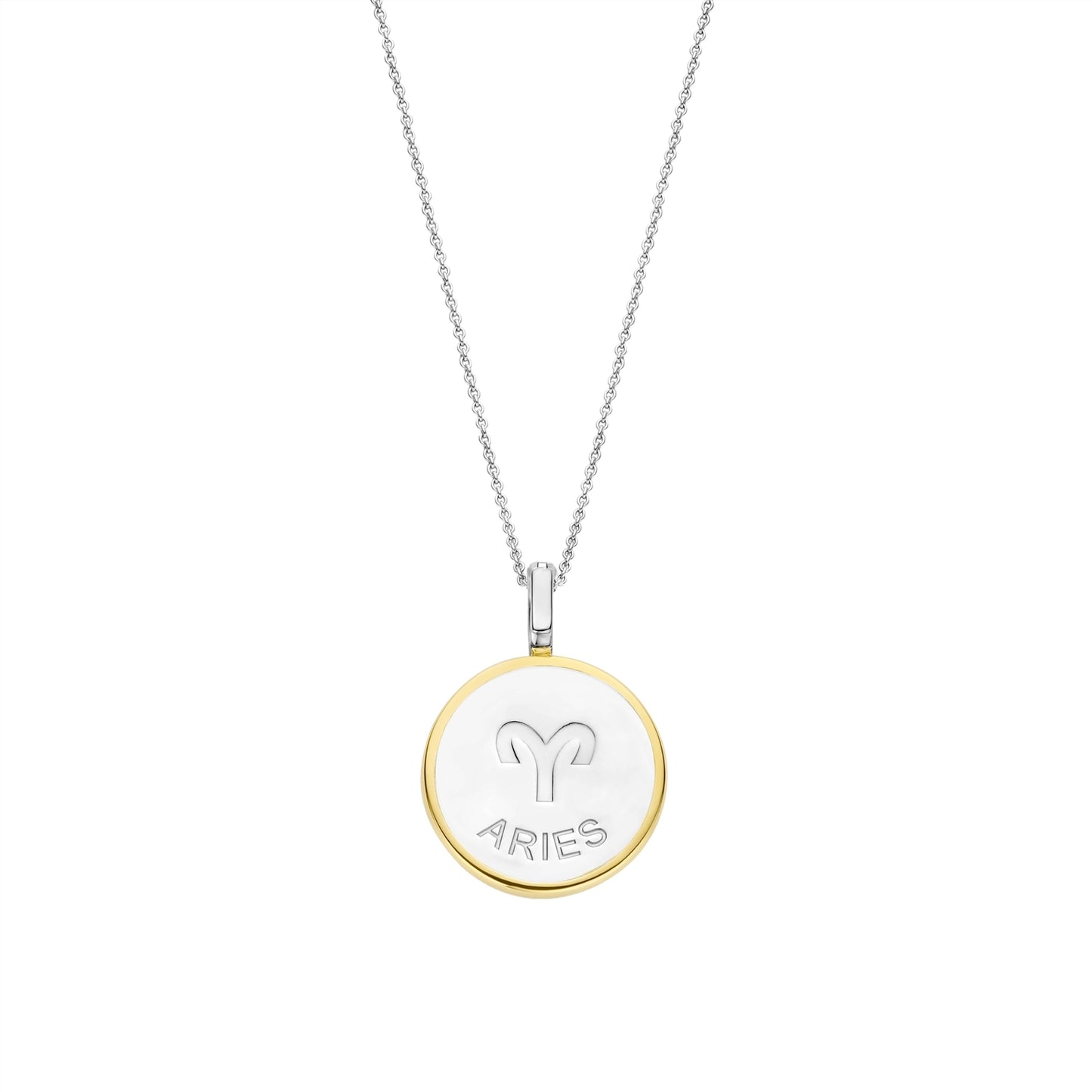 Necklace with a round pendant featuring an aries sign on gold border and white stone on a white background