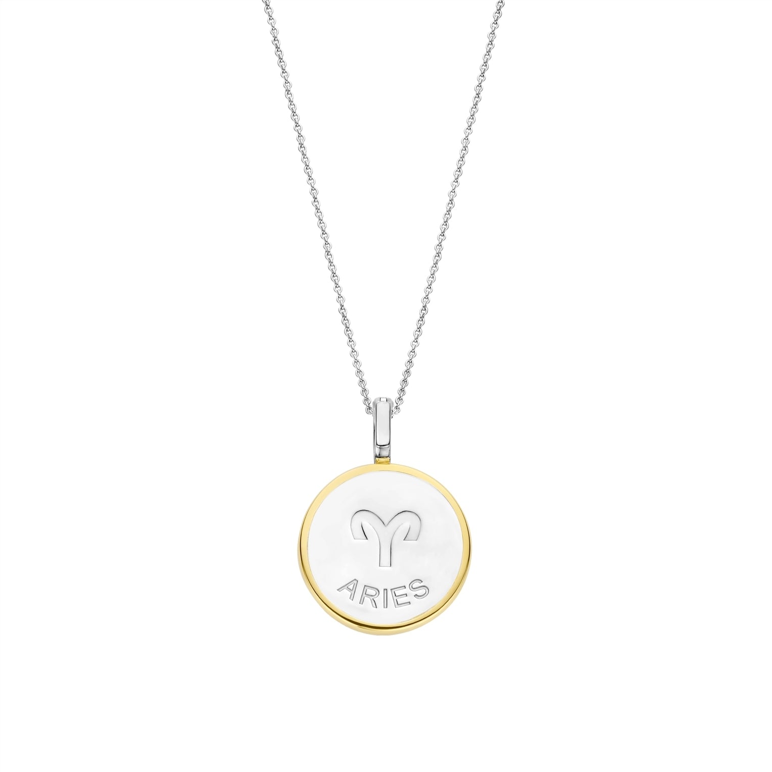 Necklace with a round pendant featuring an aries sign on gold border and white stone on a white background