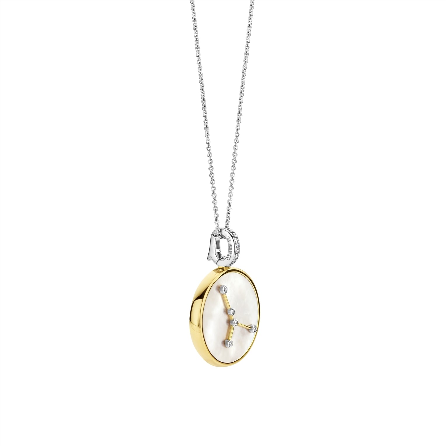 Necklace with a round pendant featuring a cancer sign on gold border and white stone on a white background