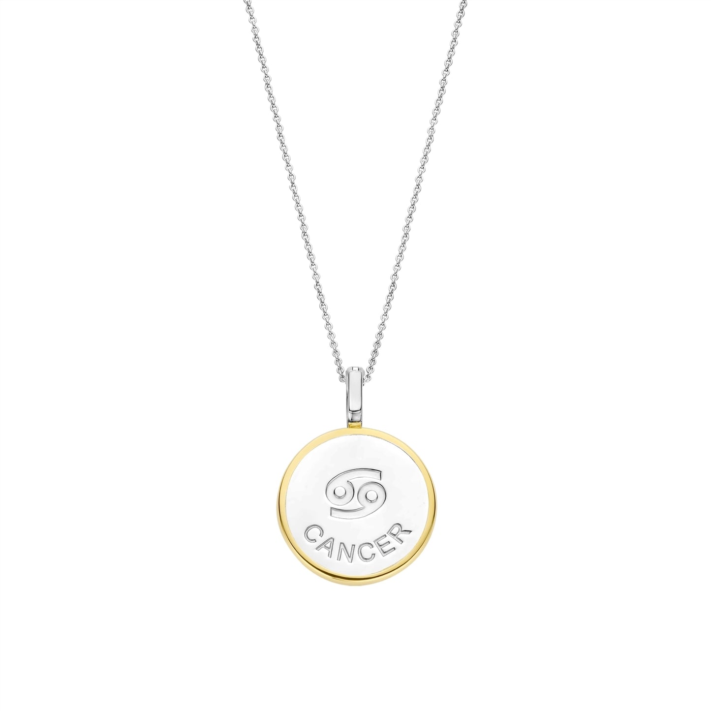 Necklace with a round pendant featuring a cancer sign on gold border and white stone on a white background