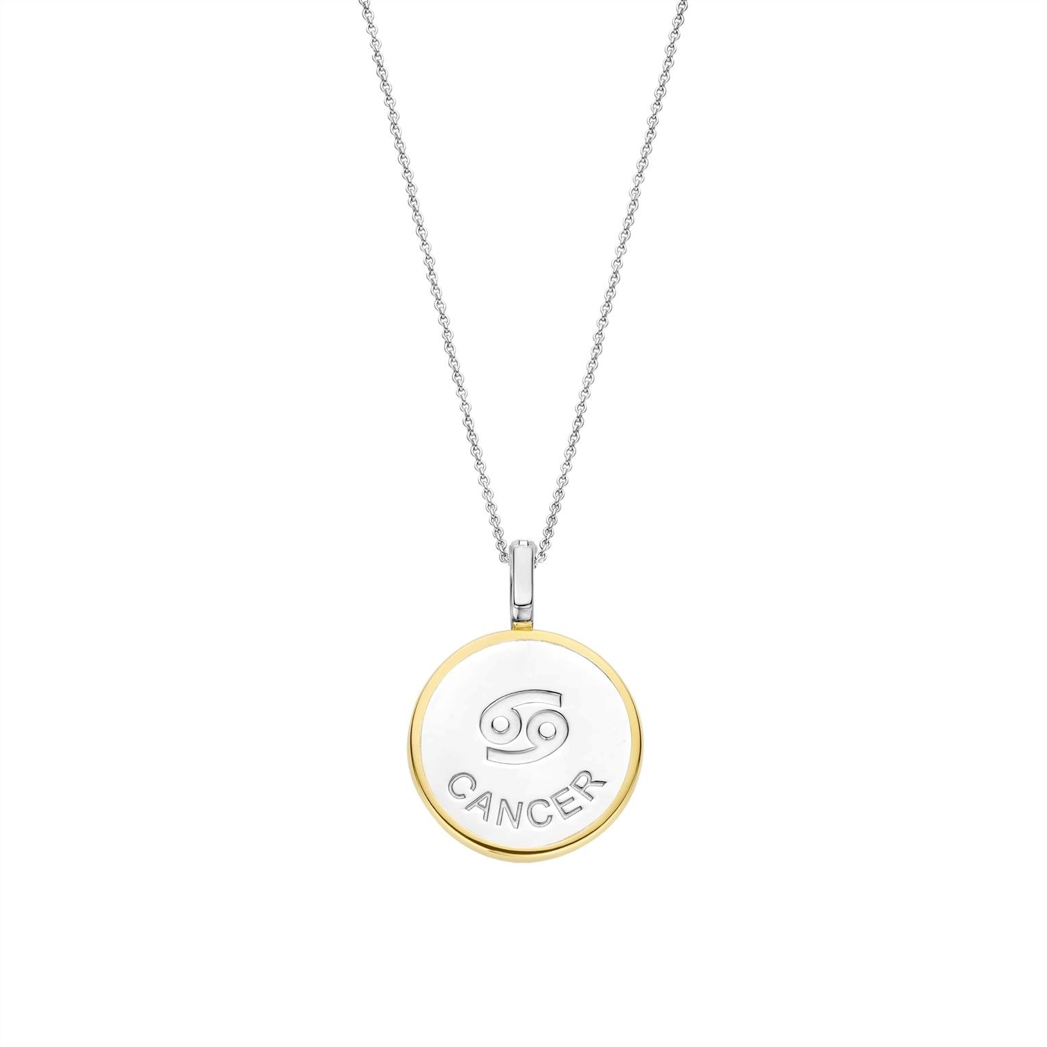 Necklace with a round pendant featuring a cancer sign on gold border and white stone on a white background