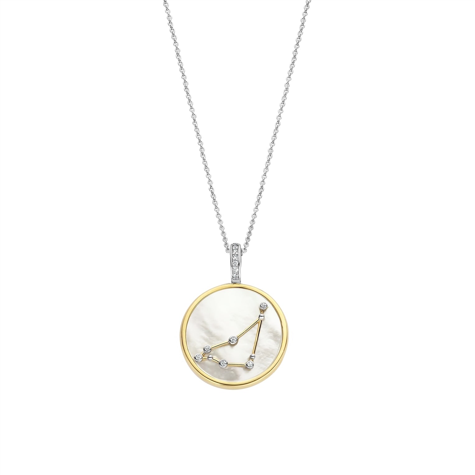 Necklace with a round pendant featuring a capricorn sign on a gold border and white stone on a white background