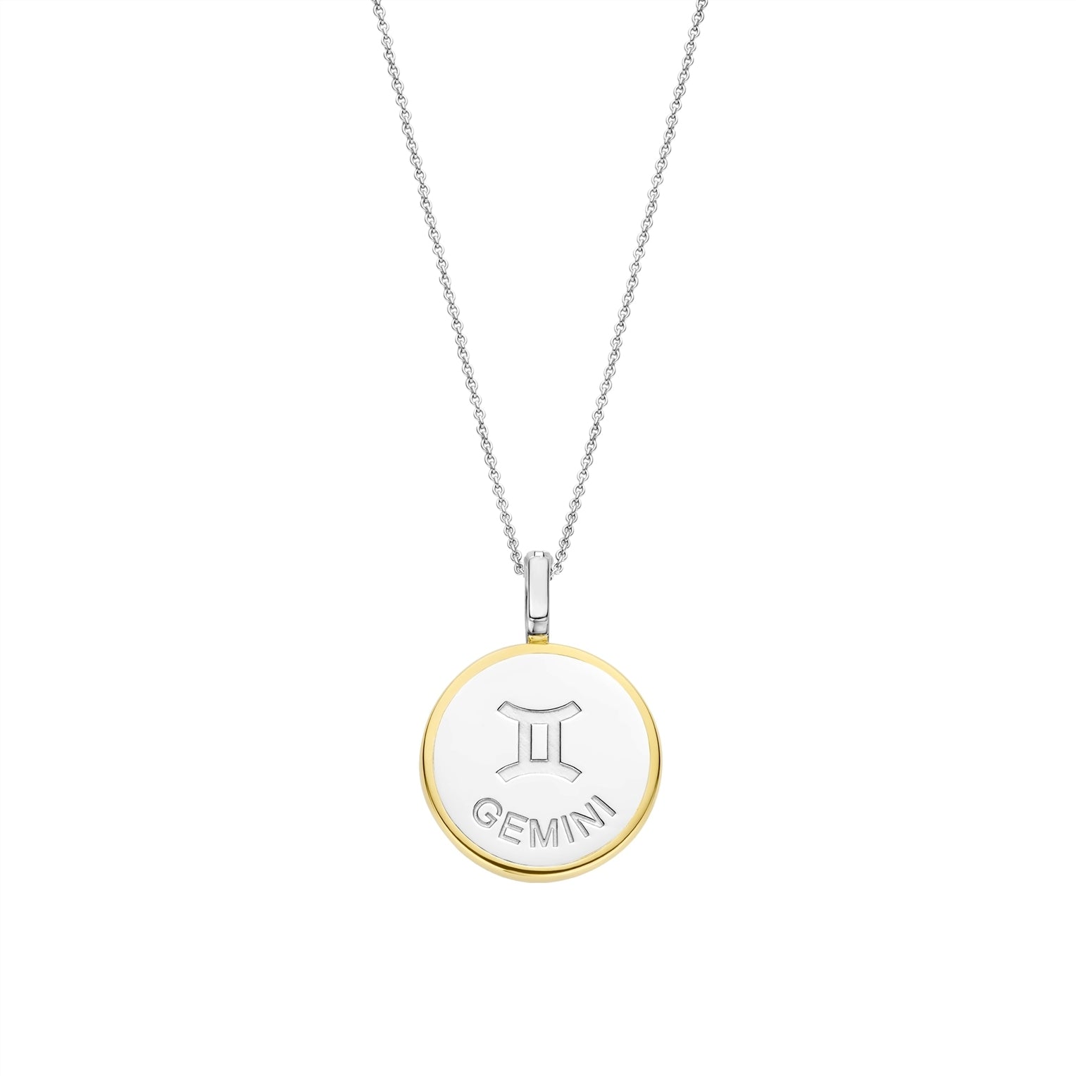 Necklace with a round pendant featuring a gemini sign on gold border and white stone on a white background