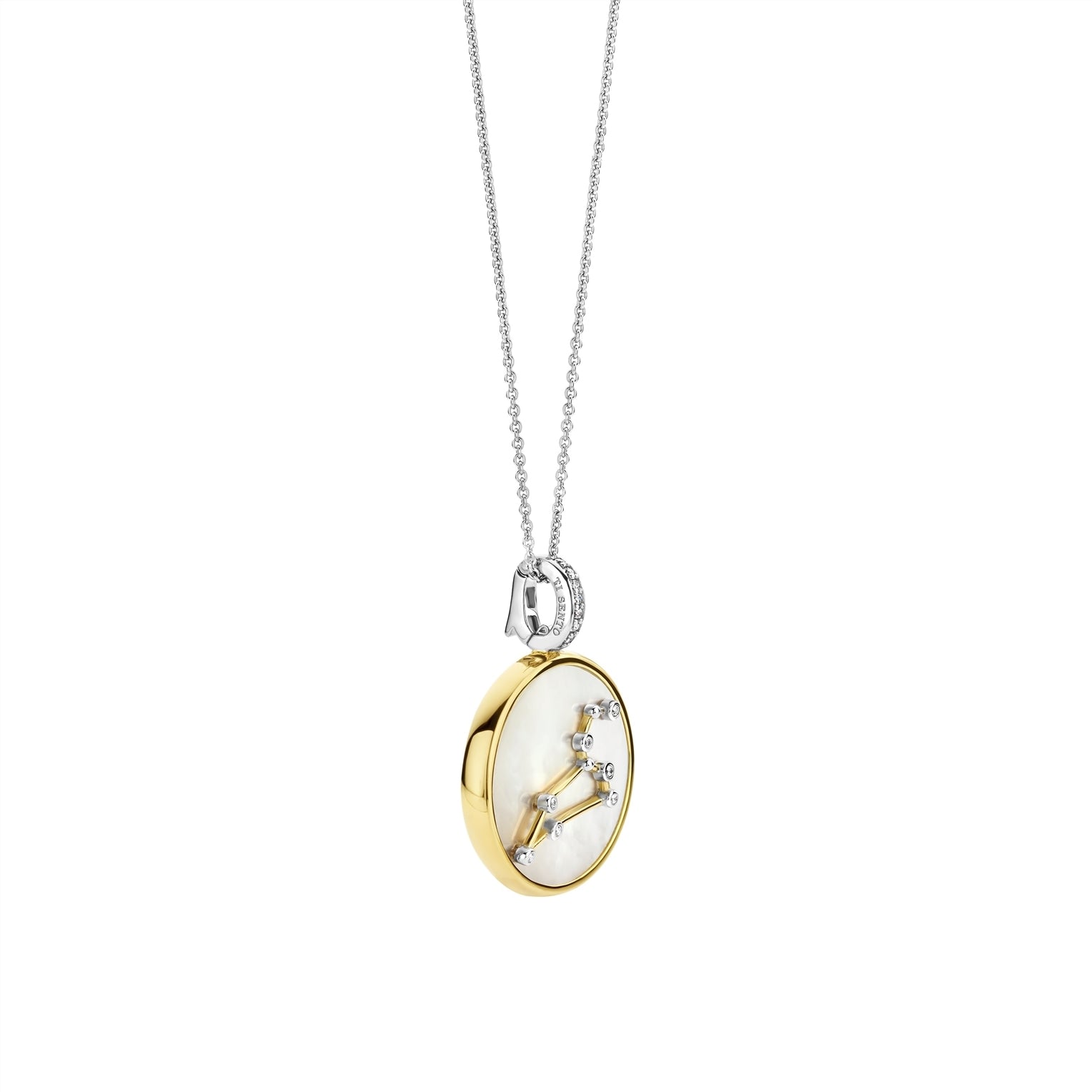 Necklace with a round pendant featuring a leo sign on gold border and white stone on a white background