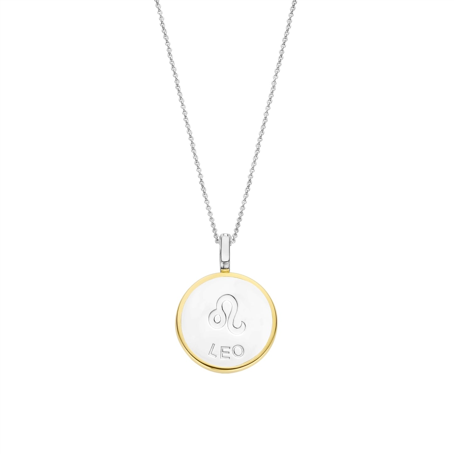 Necklace with a round pendant featuring a leo sign on gold border and white stone on a white background