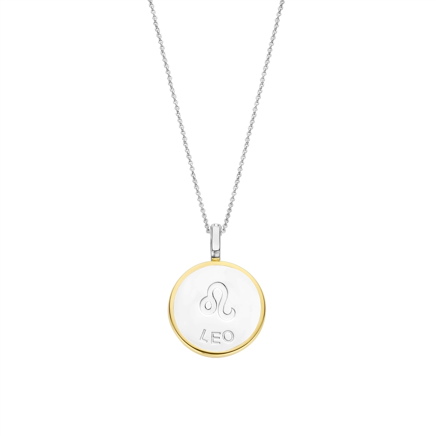 Necklace with a round pendant featuring a leo sign on gold border and white stone on a white background