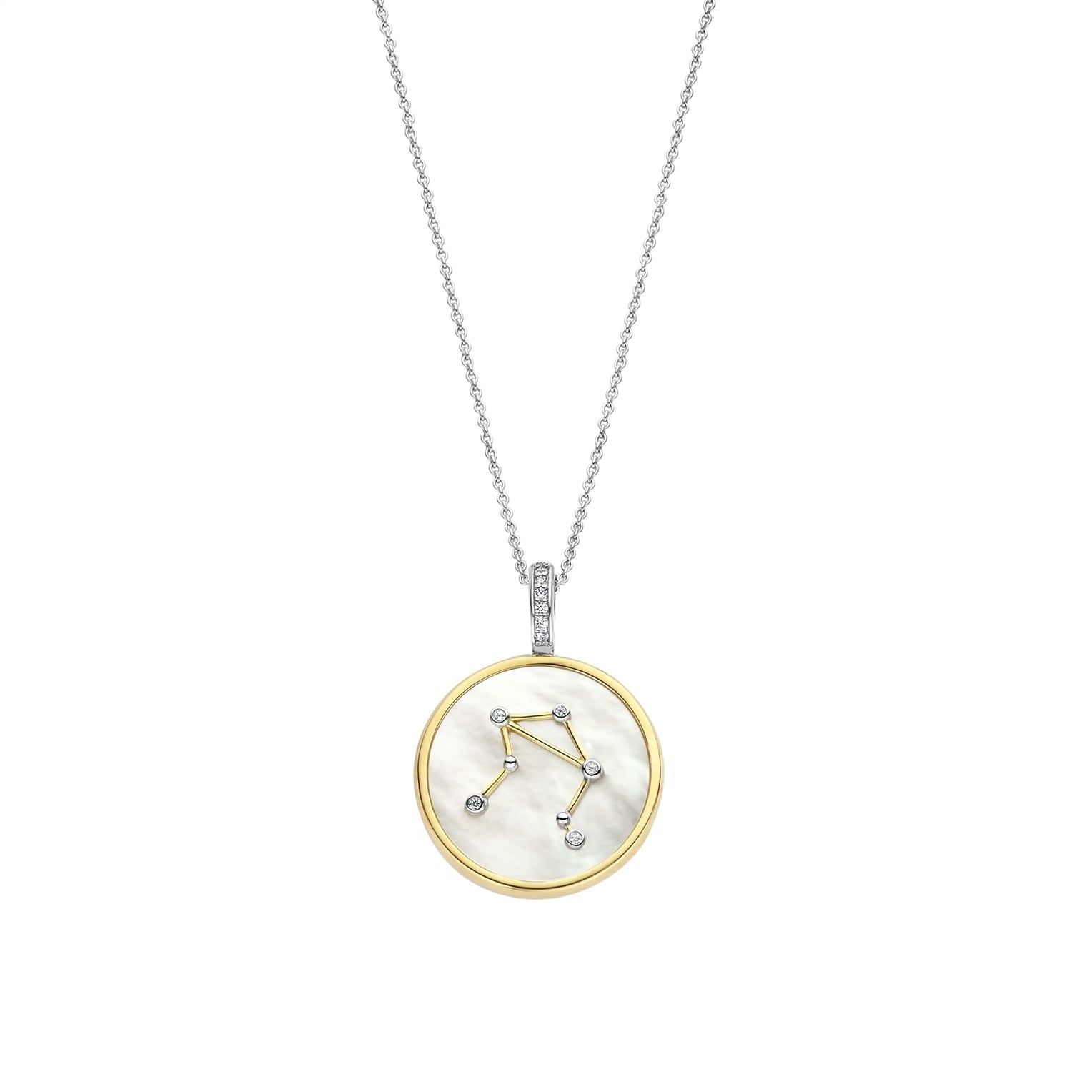 Necklace with a round pendant featuring a libra sign on gold border and white stone on a white background