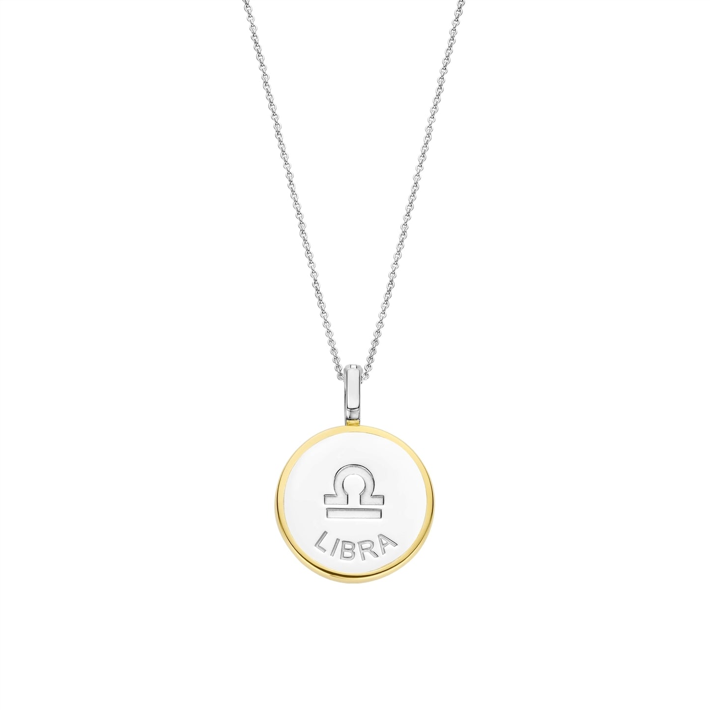 Necklace with a round pendant featuring a libra sign on gold border and white stone on a white background