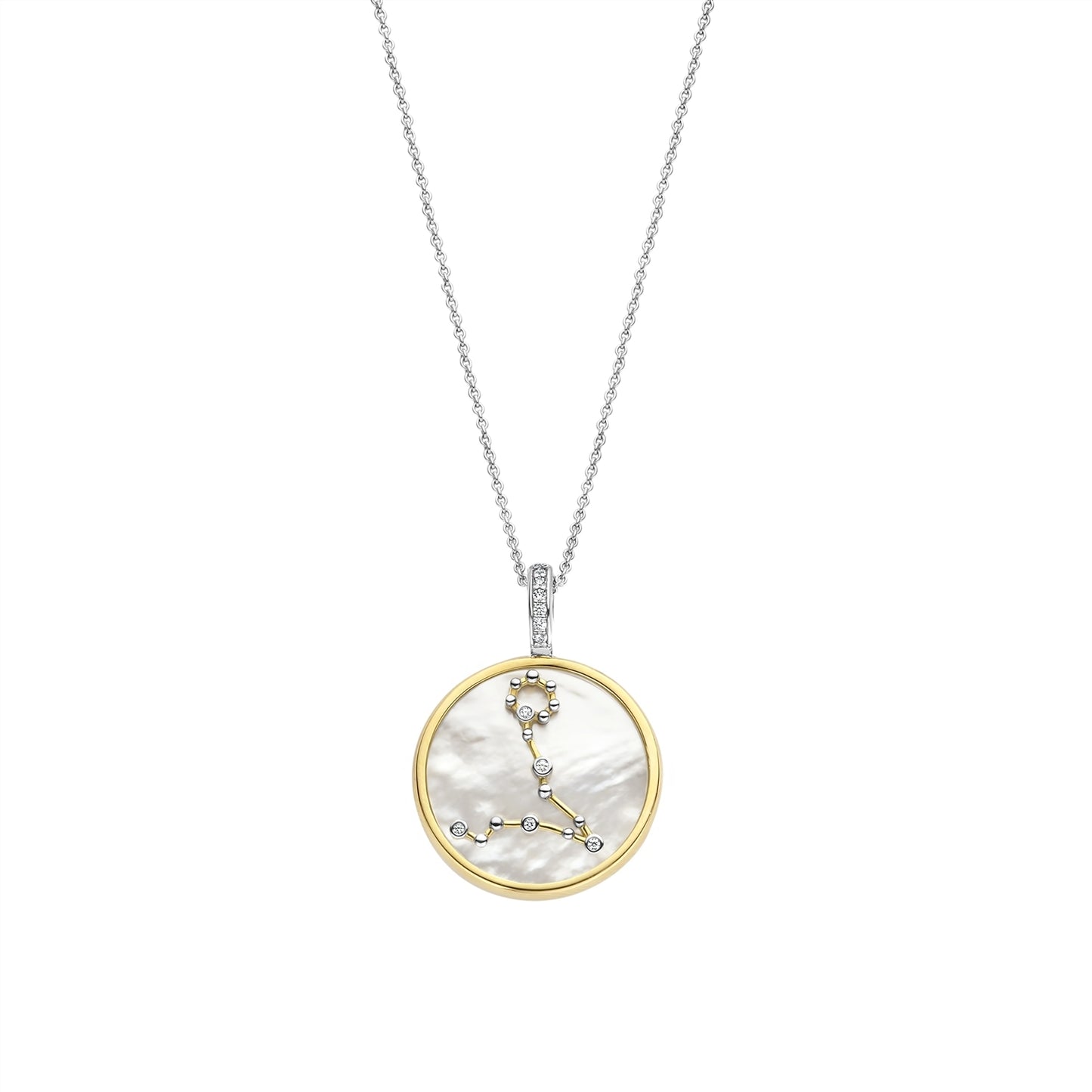 Necklace with a round pendant featuring a pisces sign on a gold border and white stone on a white background