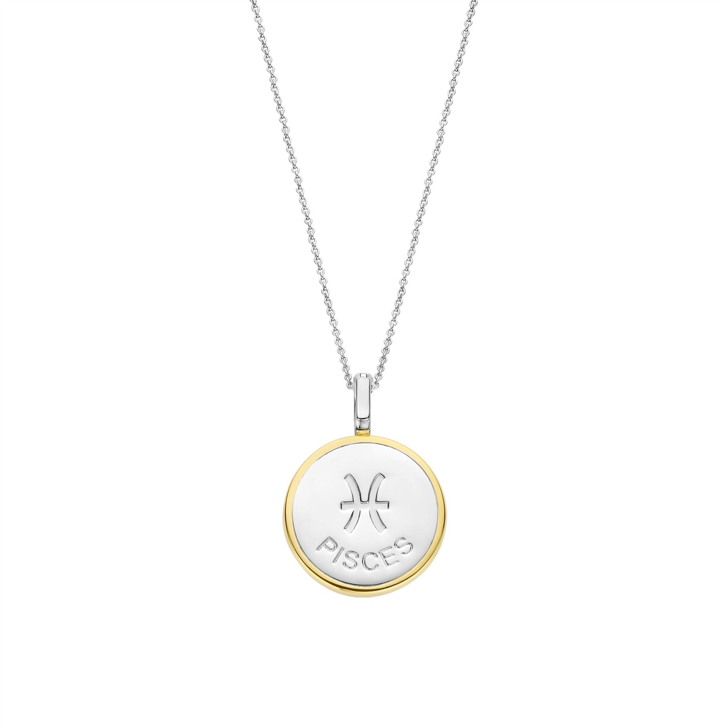 Necklace with a round pendant featuring a pisces sign on a gold border and white stone on a white background
