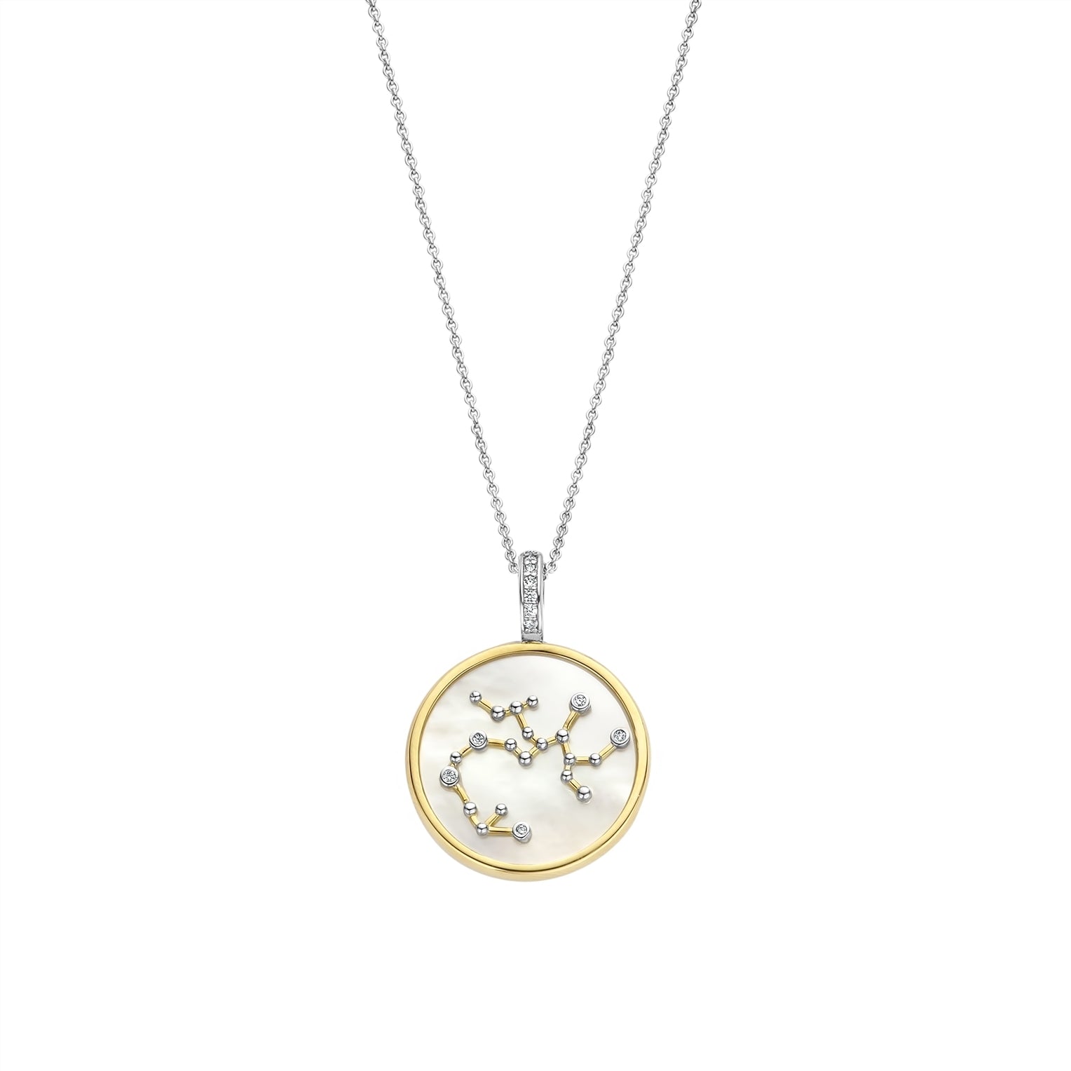 Necklace with a round pendant featuring a sagittarius sign on gold border and white stone on a white background