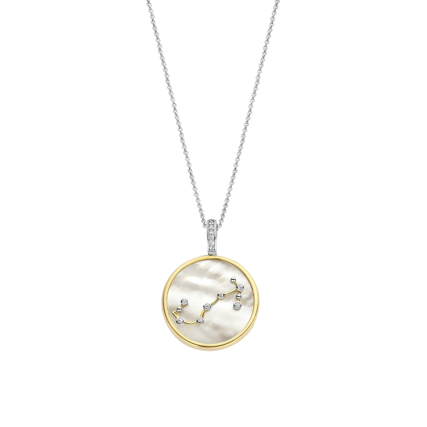 Necklace with a round pendant featuring a scorpio sign on gold border and white stone on a white background