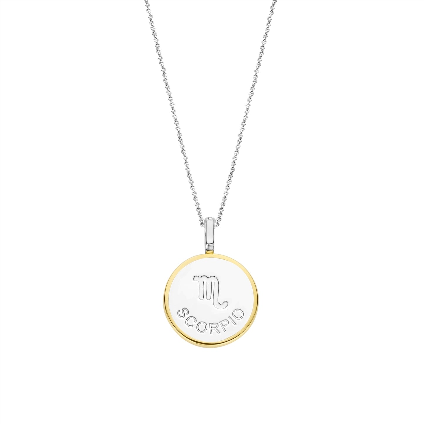 Necklace with a round pendant featuring a scorpio sign on gold border and white stone on a white background