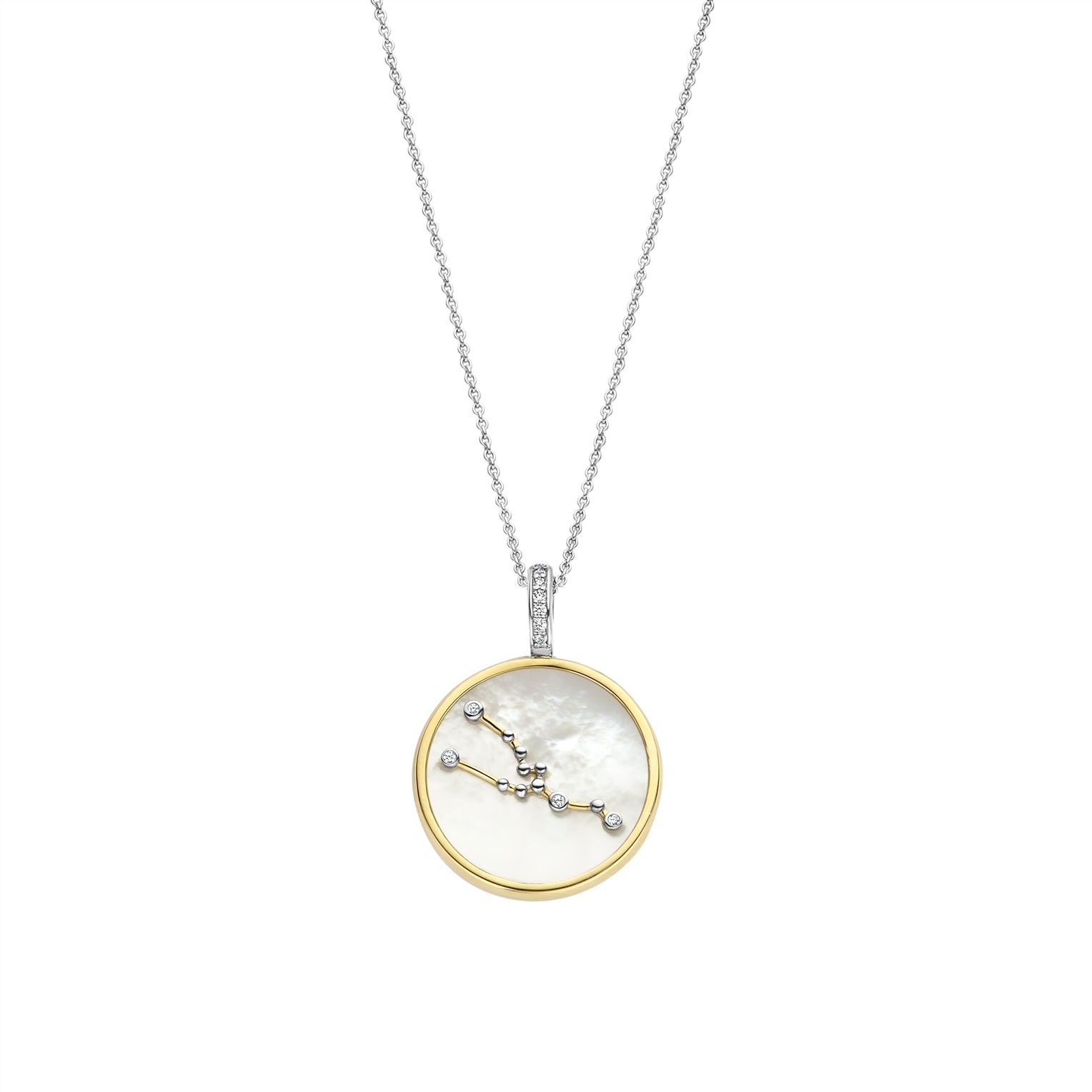 Necklace with a round pendant featuring a taurus sign on gold border and white stone on a white background