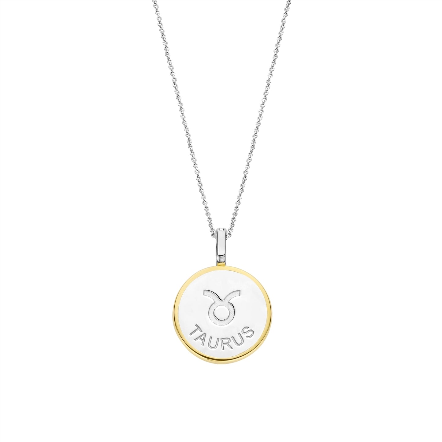 Necklace with a round pendant featuring a taurus sign on gold border and white stone on a white background
