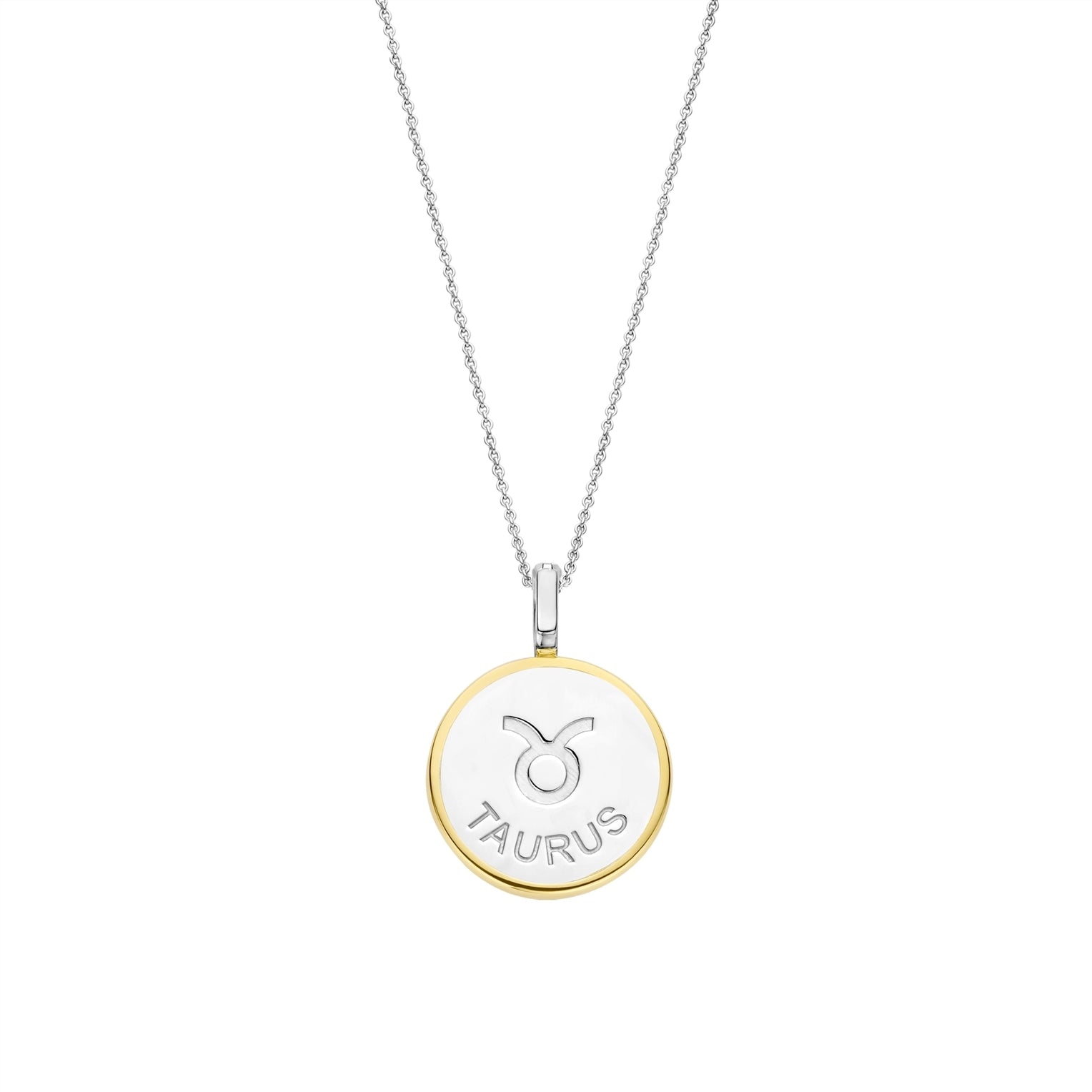 Necklace with a round pendant featuring a taurus sign on gold border and white stone on a white background