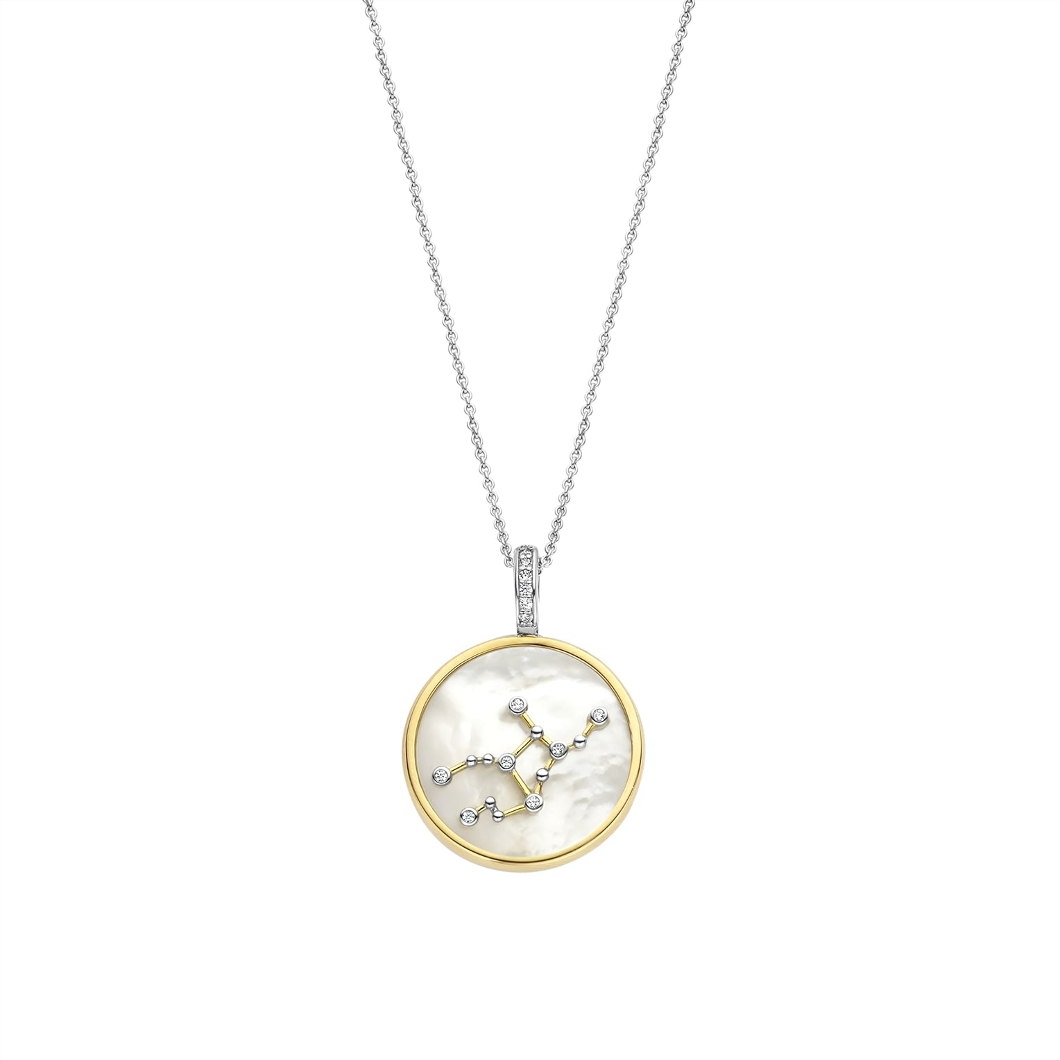 Necklace with a round pendant featuring a virgo sign on gold border and white stone on a white background