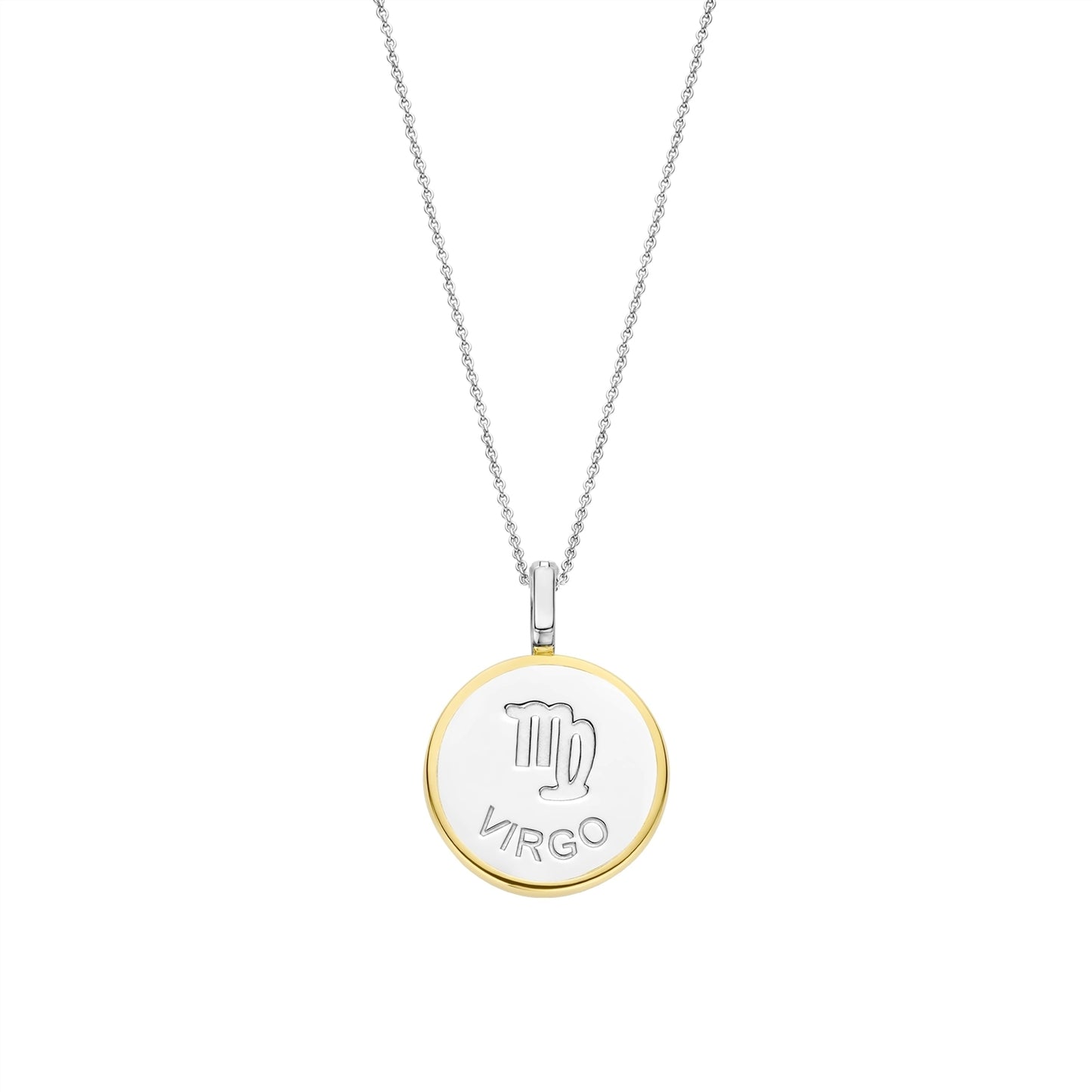 Necklace with a round pendant featuring a virgo sign on gold border and white stone on a white background