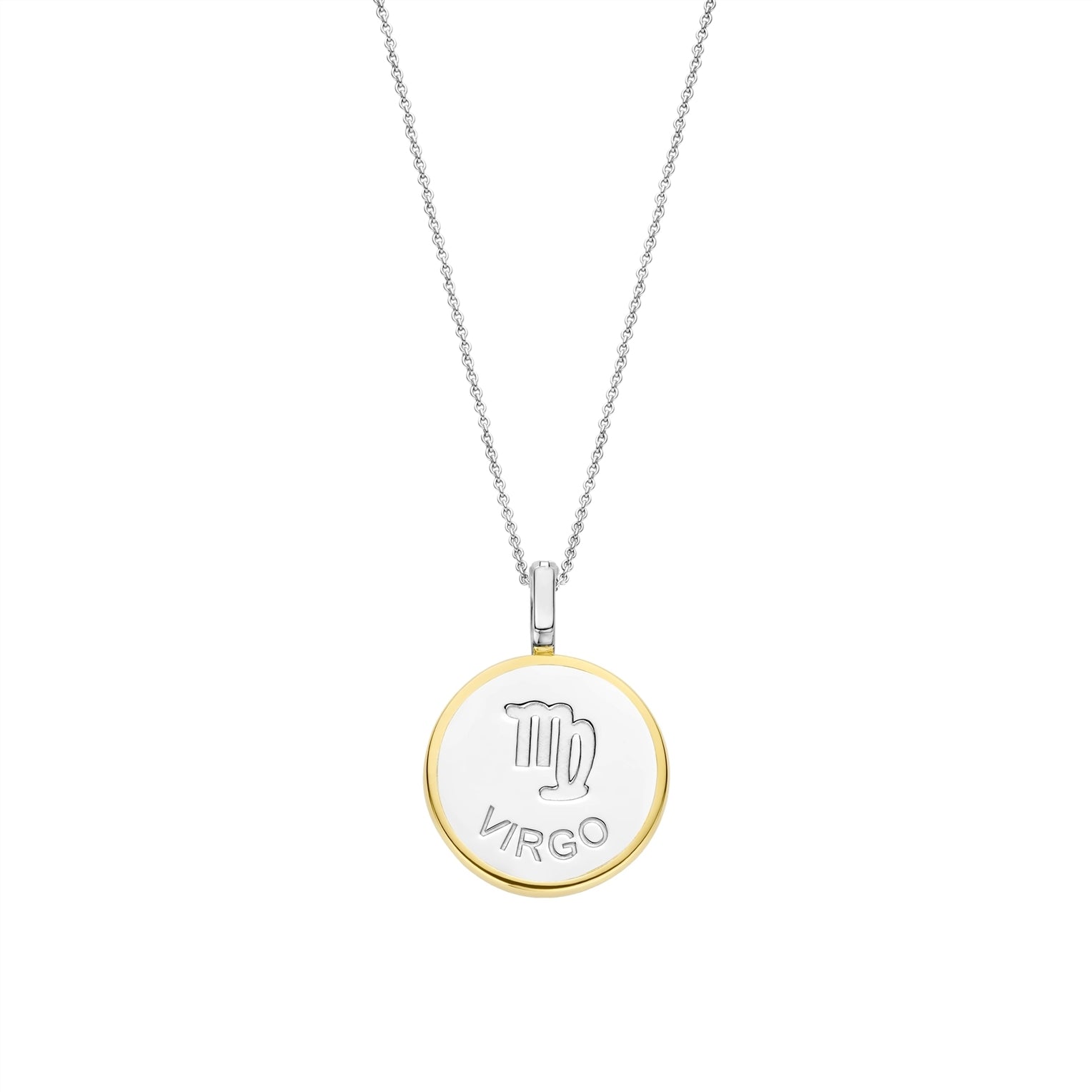 Necklace with a round pendant featuring a virgo sign on gold border and white stone on a white background