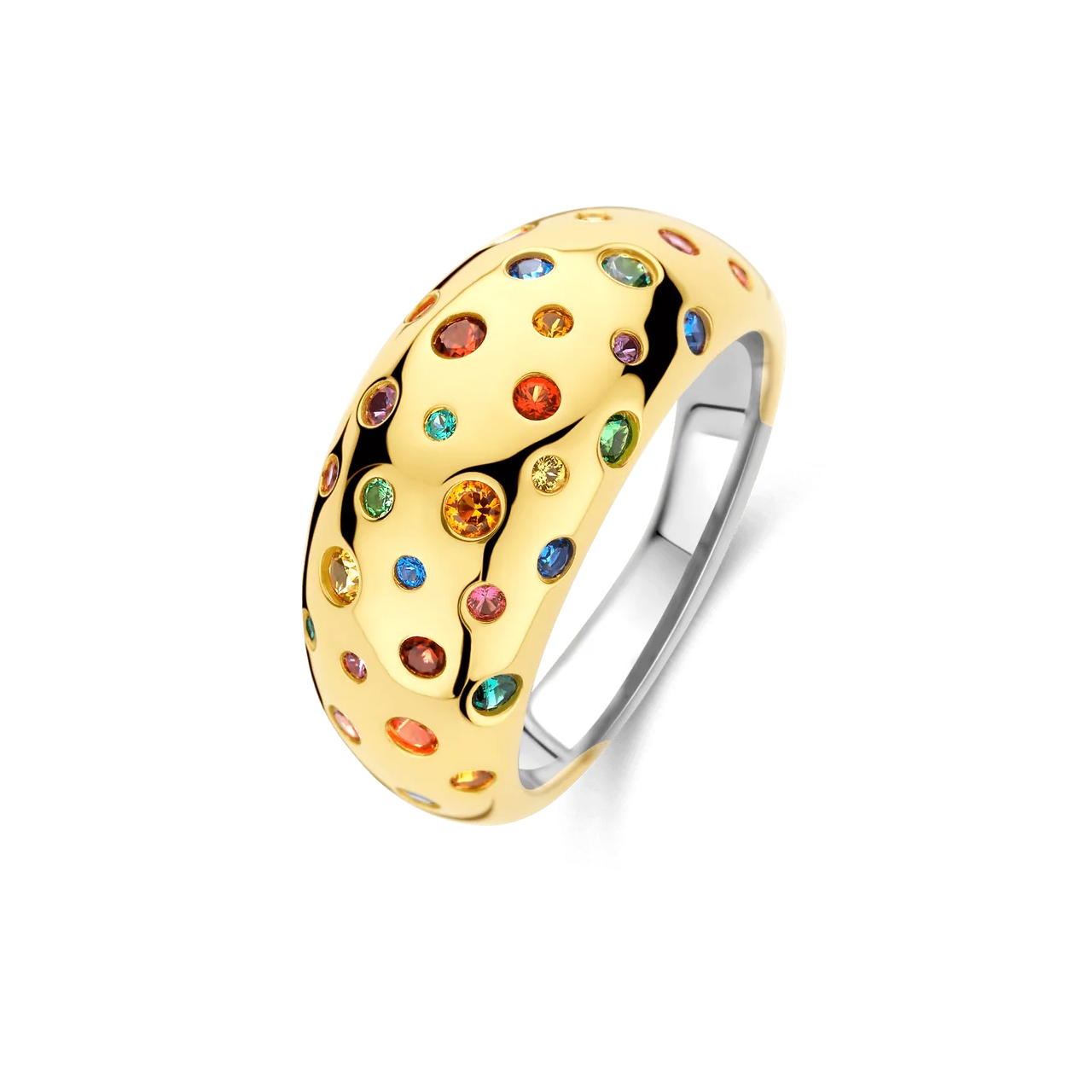 Gold ring with colorful gemstones on a white background