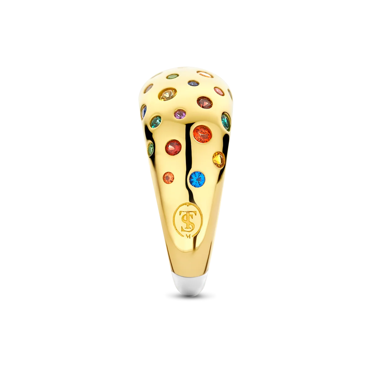 Gold ice cream cone charm with colorful gemstones on a white background