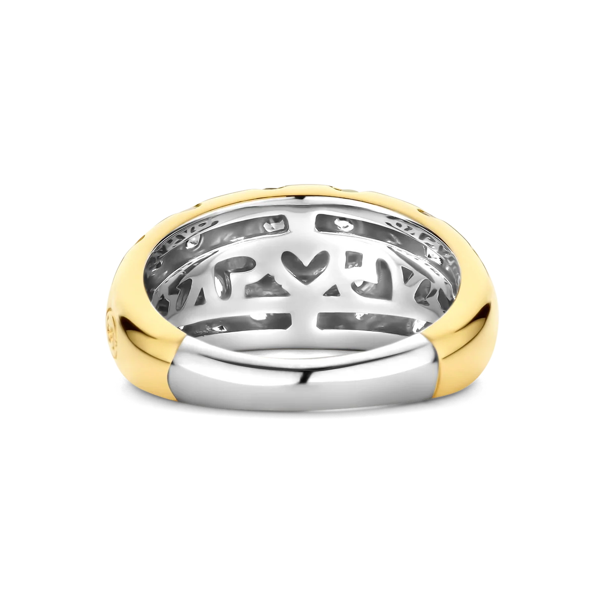 Two-tone gold and silver ring with intricate design on a white background