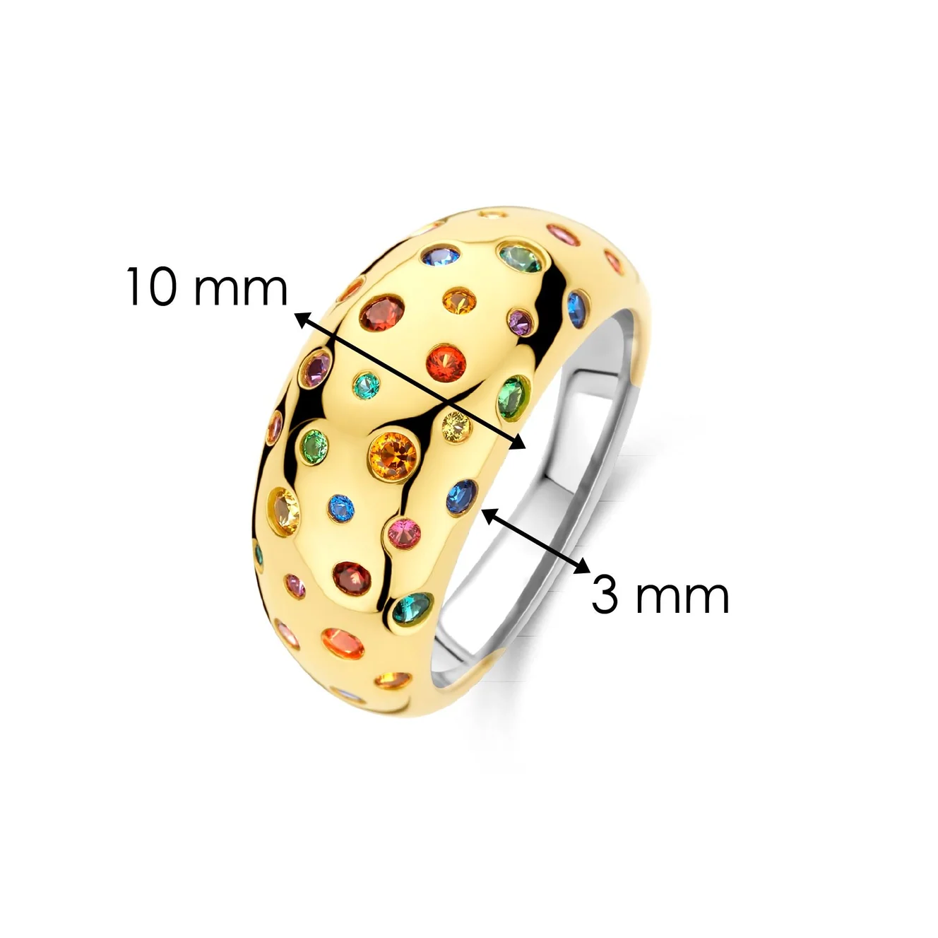 Gold ring with colorful gemstones and size measurements on a white background