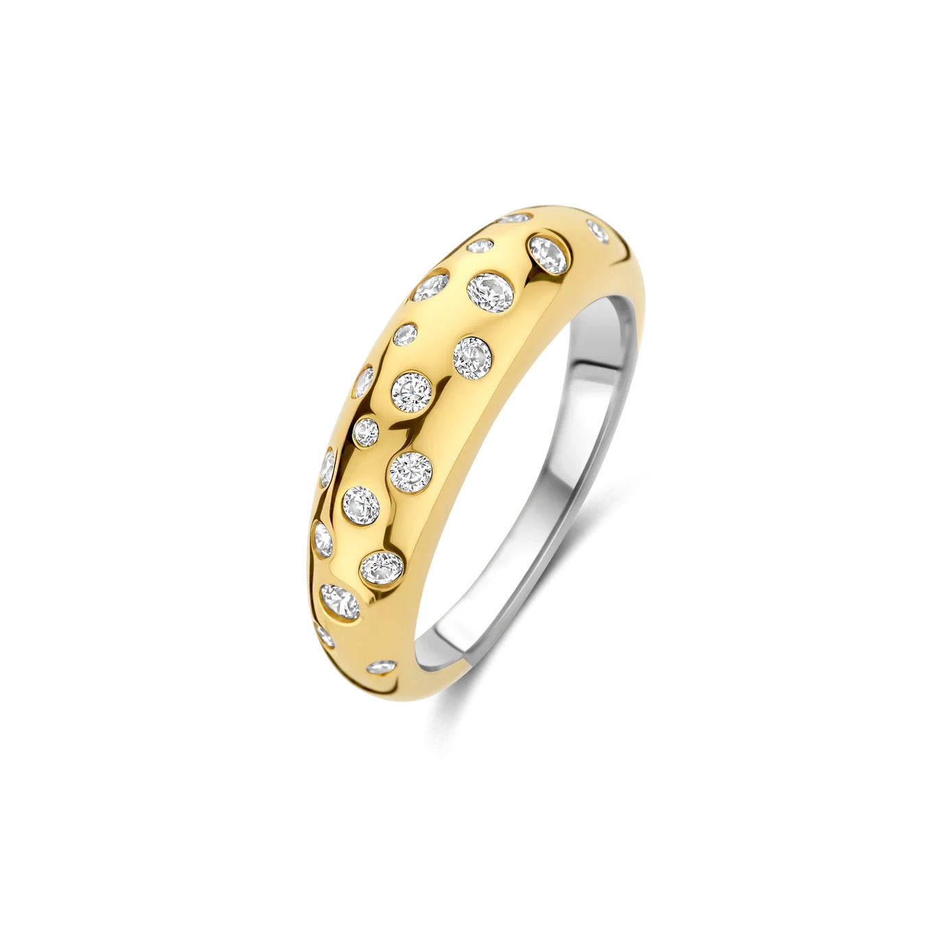 Two-tone gold and silver ring with embedded diamonds on a white background