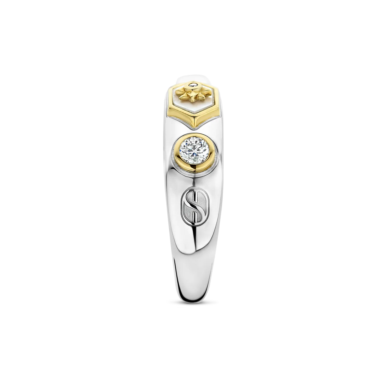 Silver ring with gold accents on a white background