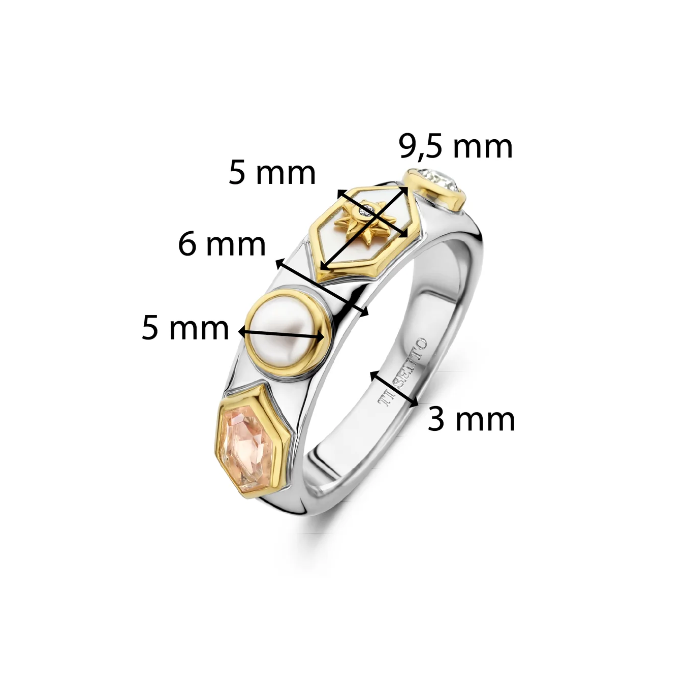 Silver ring with gold accents and measurements labeled on a white background