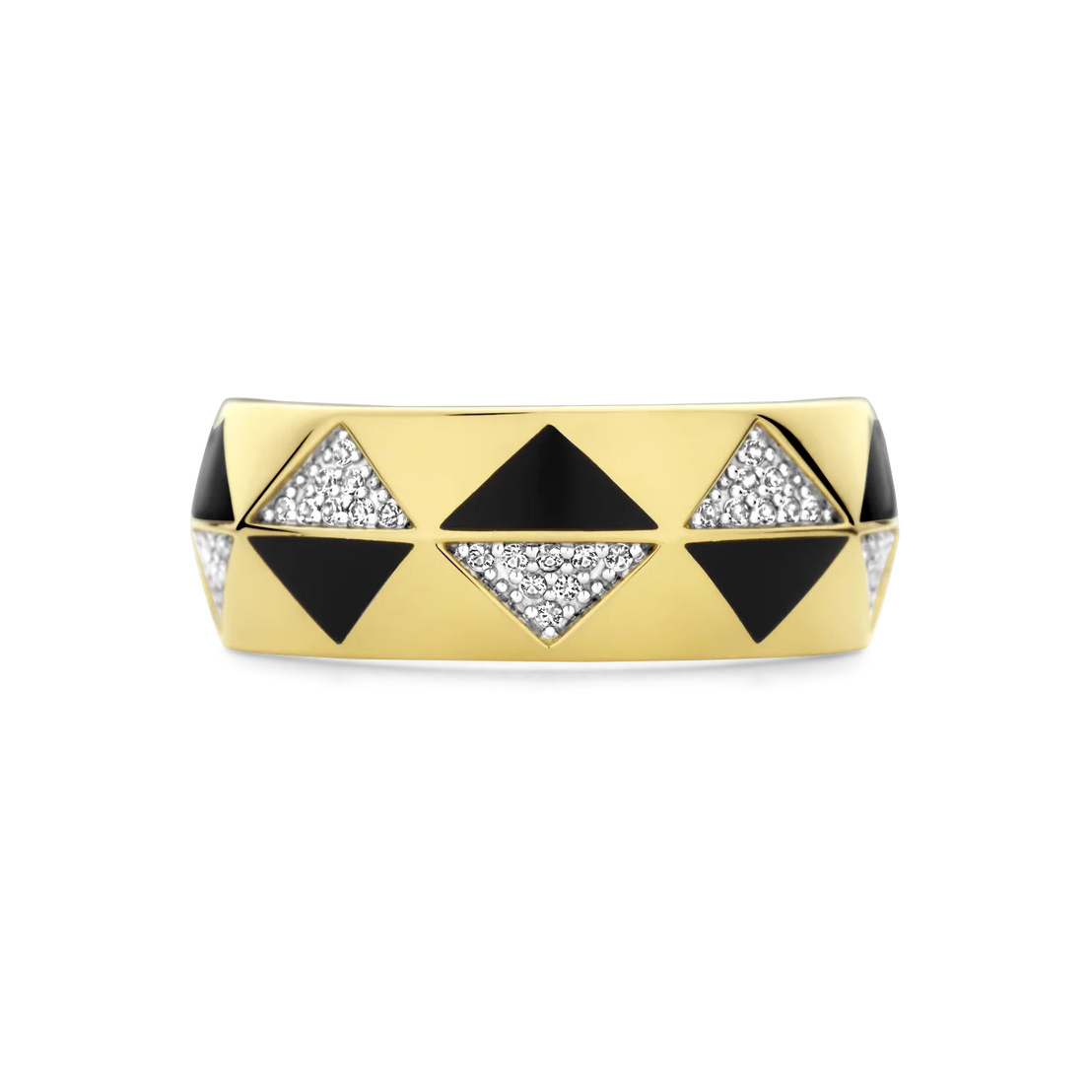 Gold ring with black and diamond accents on a white background