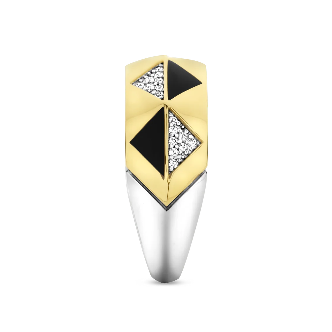 Gold and silver ring with black and diamond accents on a white background