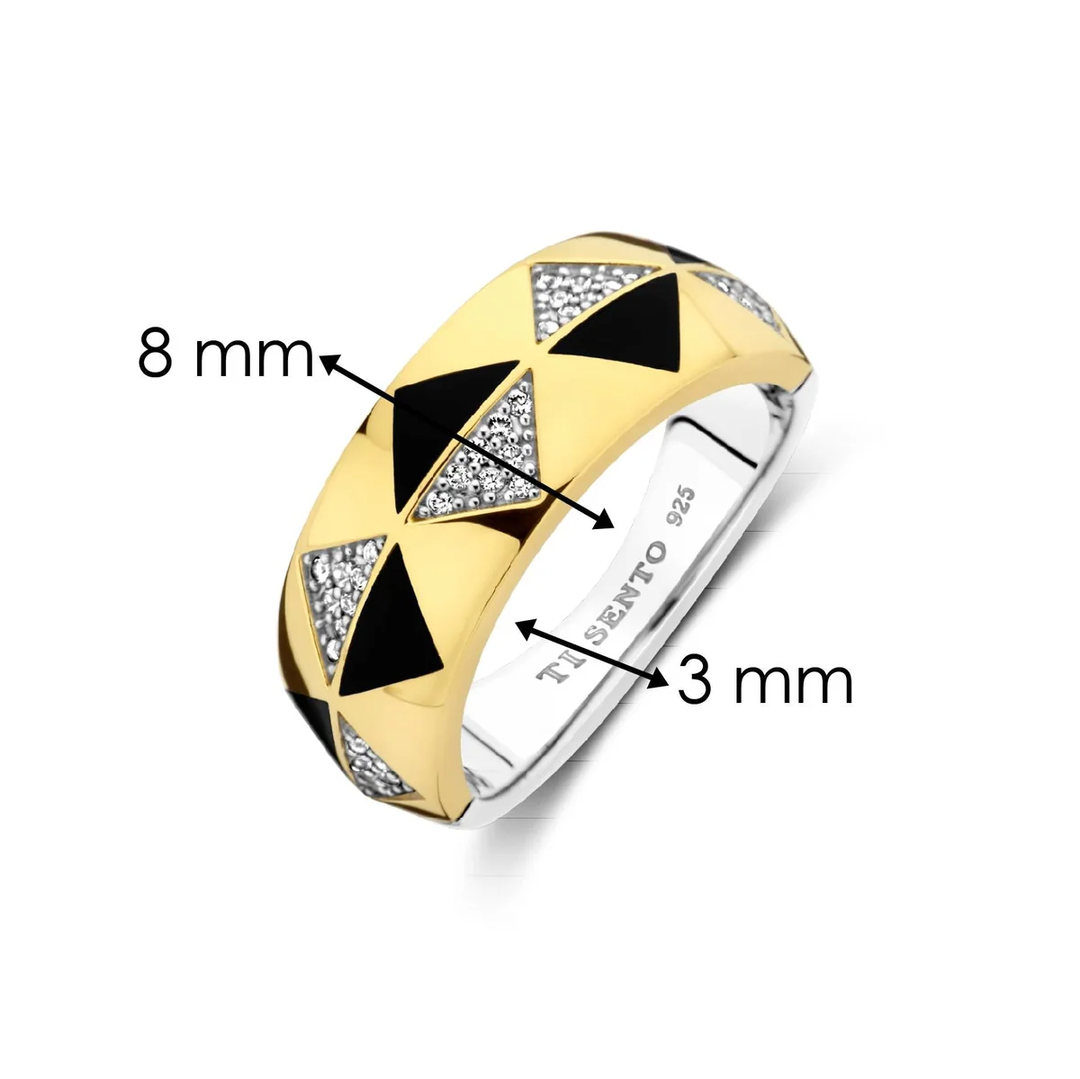 Gold ring with black triangle design and measurements on a white background