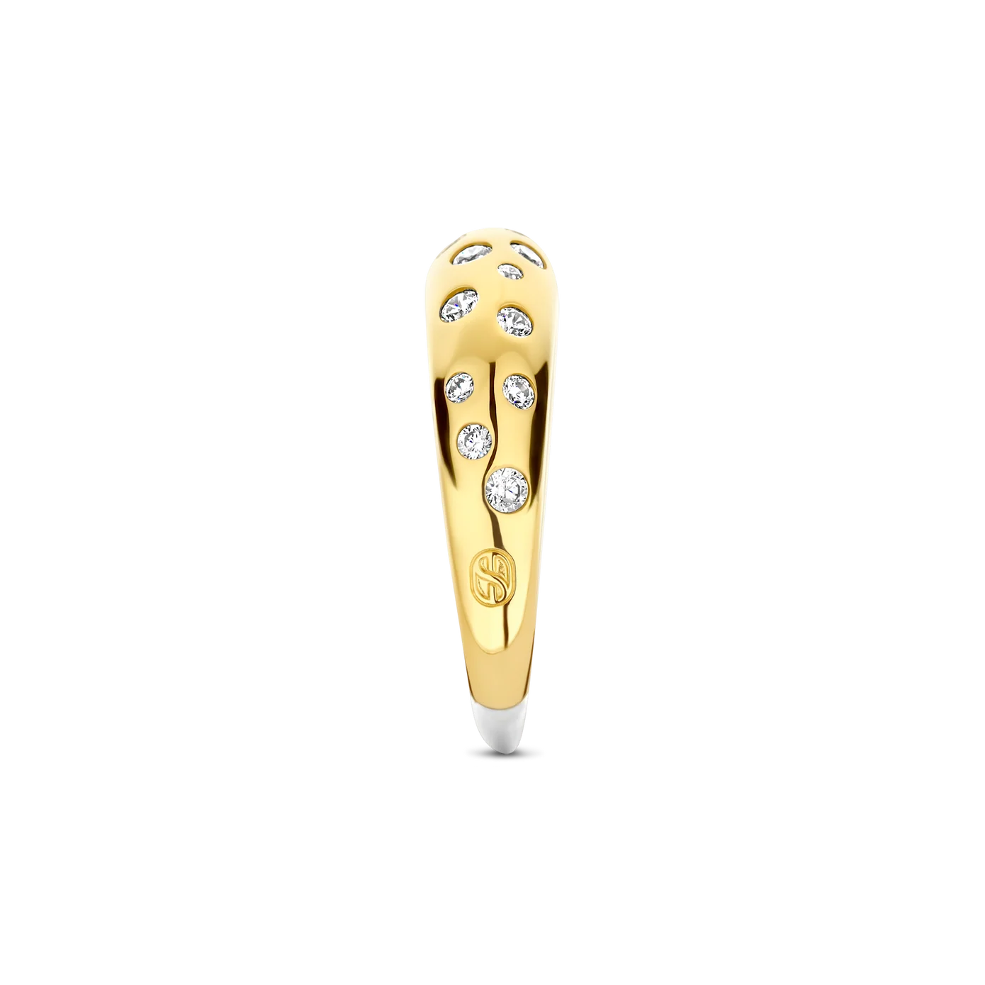 Gold ring with embedded diamonds on a white background