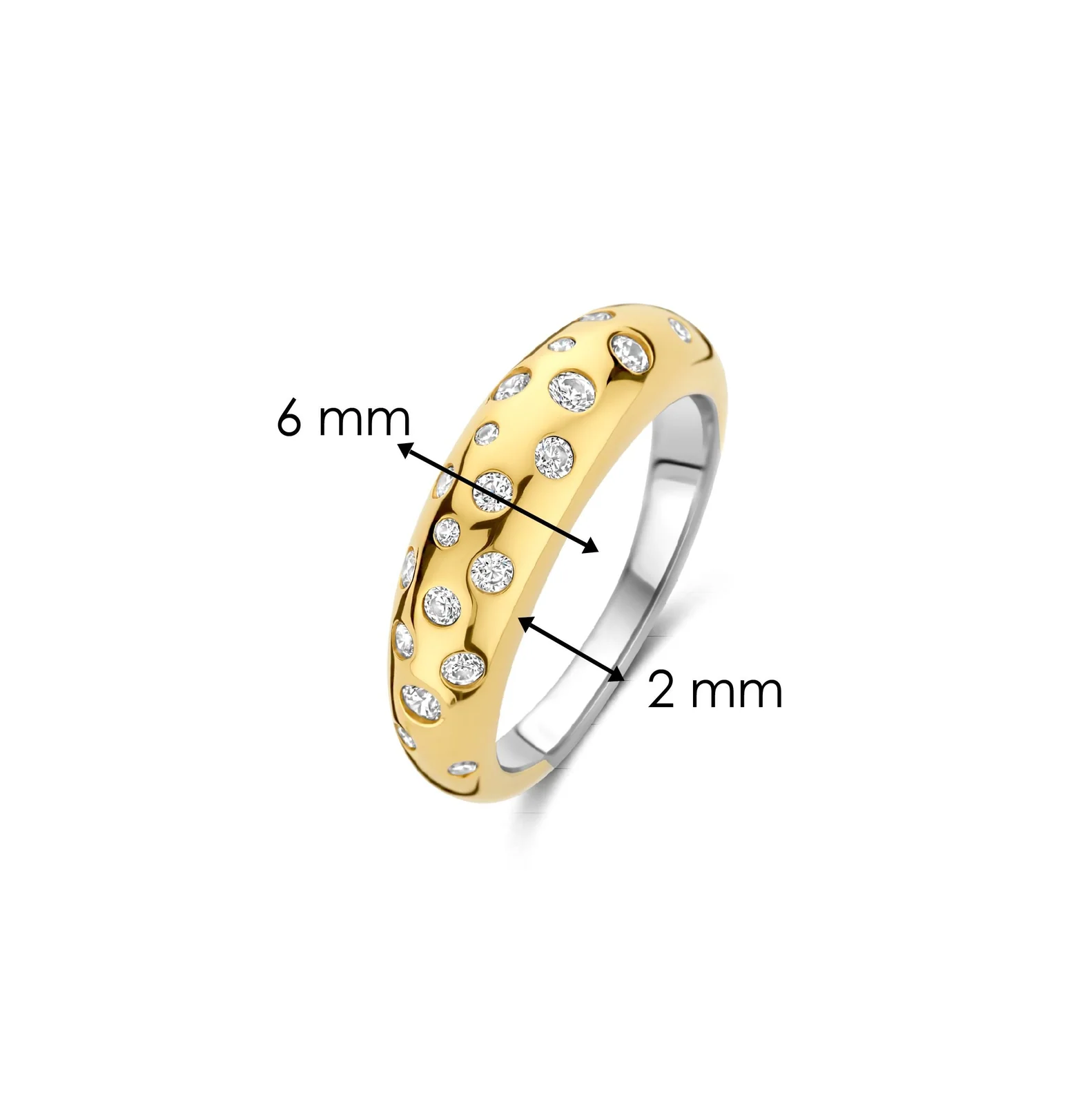 Gold and silver ring with measurements on a white background