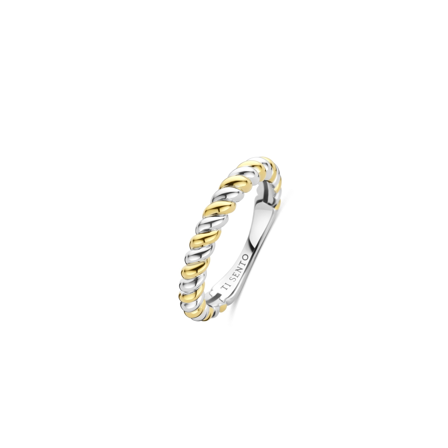 Two-tone ring with gold and silver design on a white background