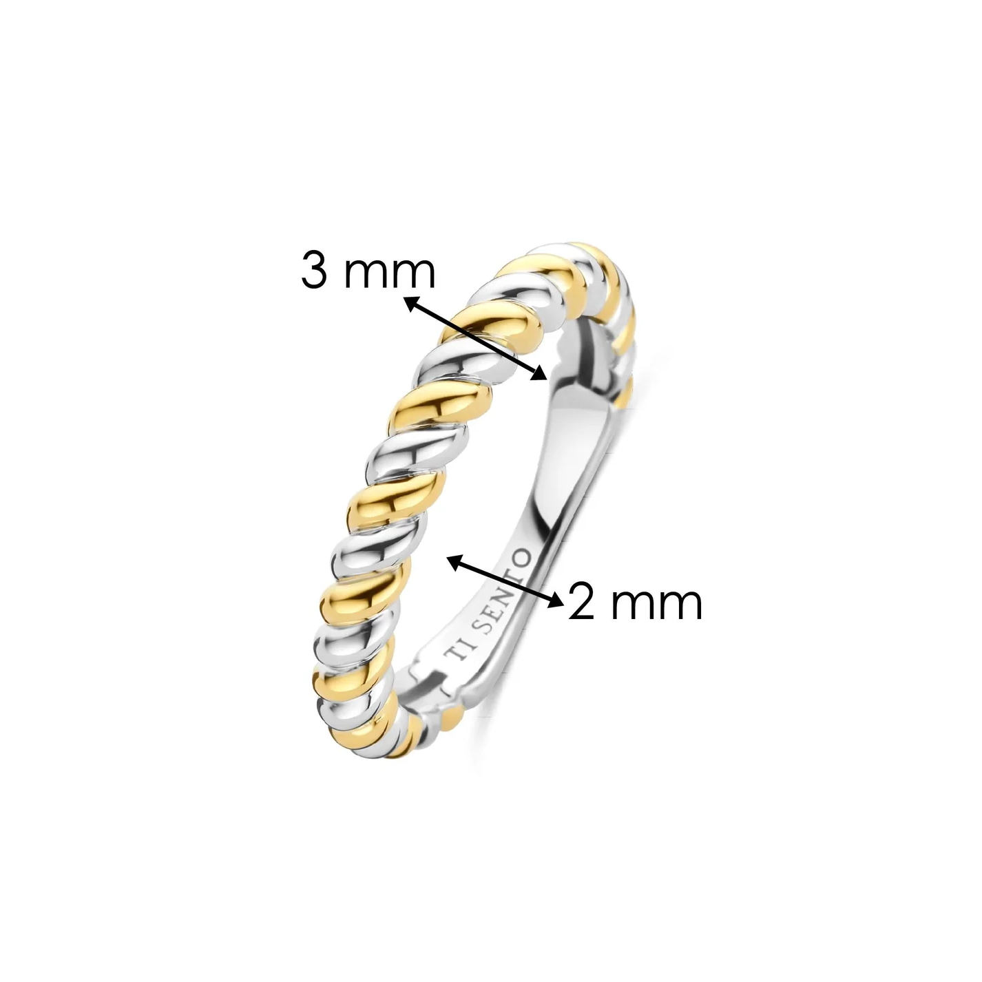 Two-tone ring with measurements on a white background