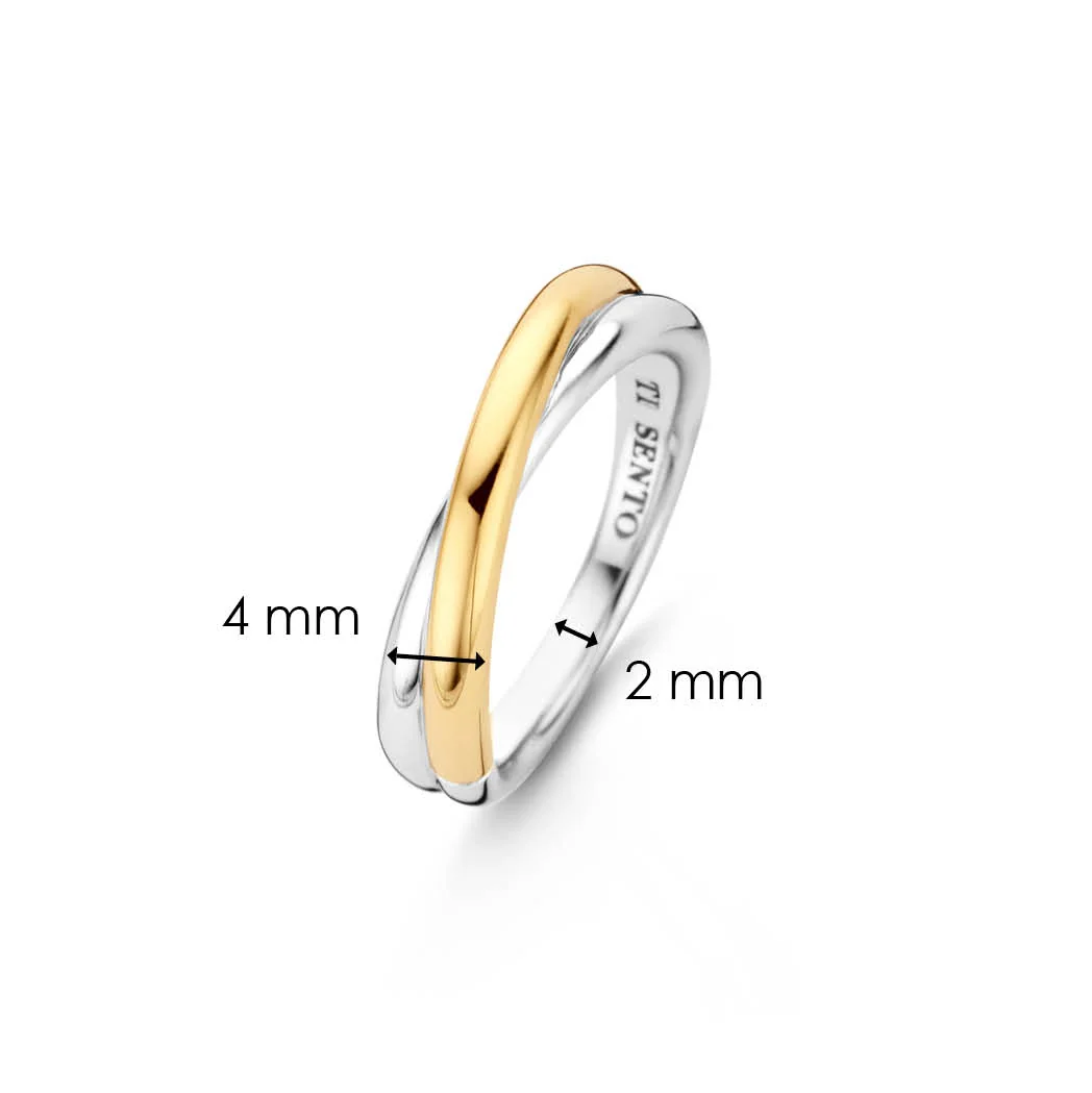 Two-toned ring with gold and silver bands, showing thickness measurements on a white background.